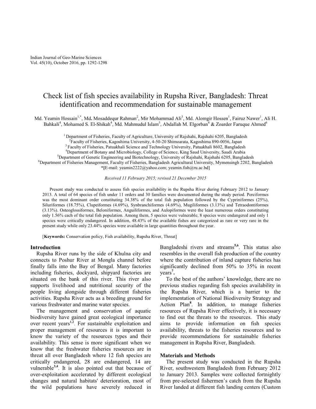 Check List of Fish Species Availability in Rupsha River, Bangladesh: Threat Identification and Recommendation for Sustainable Management