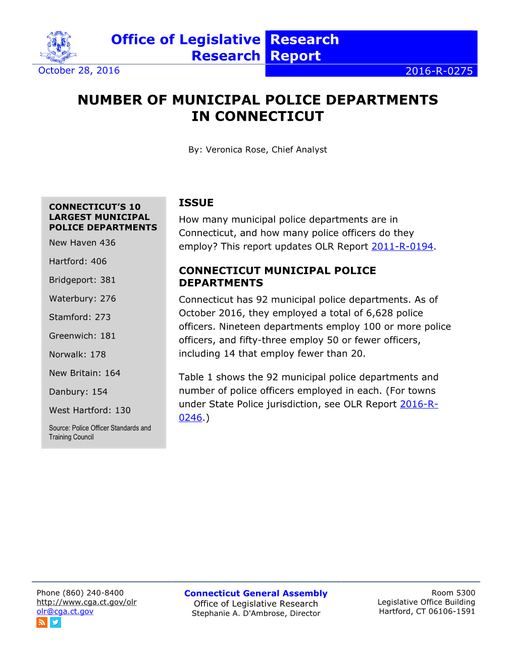 Number of Municipal Police Departments in Connecticut