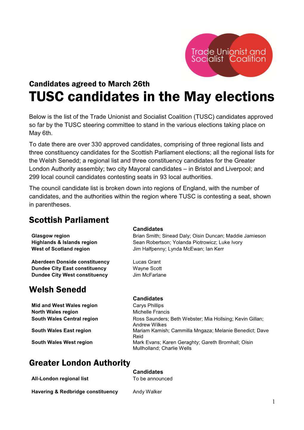 TUSC Candidates in the May Elections