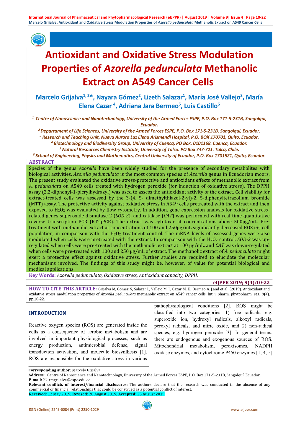 Antioxidant and Oxidative Stress Modulation Properties of Azorella Pedunculata Methanolic Extract on A549 Cancer Cells