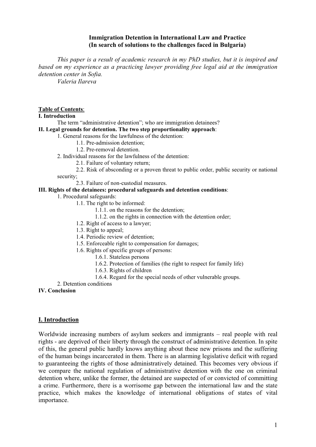 1 Immigration Detention in International Law And