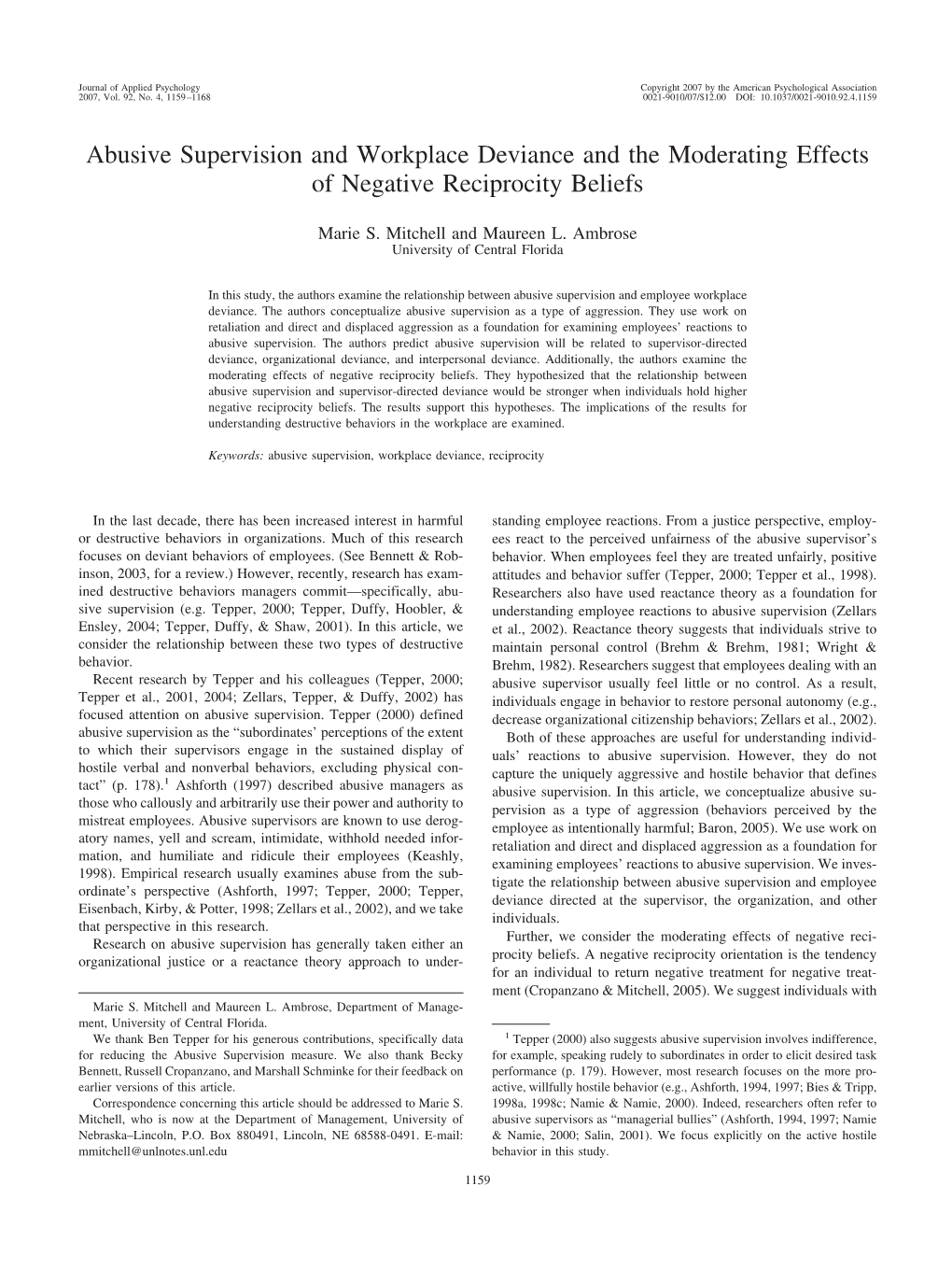 Abusive Supervision and Workplace Deviance and the Moderating Effects of Negative Reciprocity Beliefs