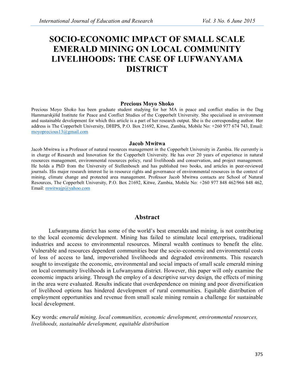 Socio-Economic Impact of Small Scale Emerald Mining on Local Community Livelihoods: the Case of Lufwanyama District