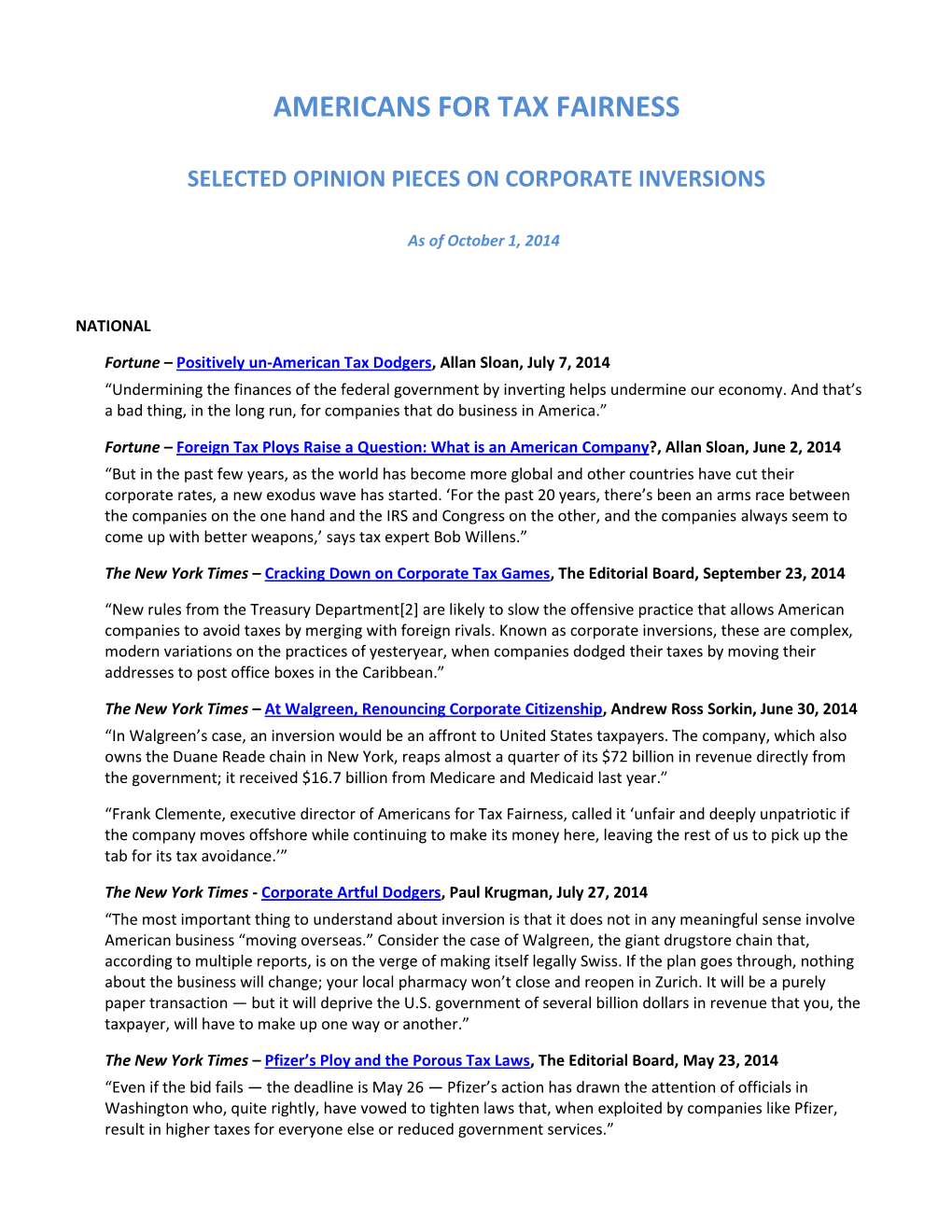 Americans for Tax Fairness Selected Opinion Pieces on Corporate Inversions