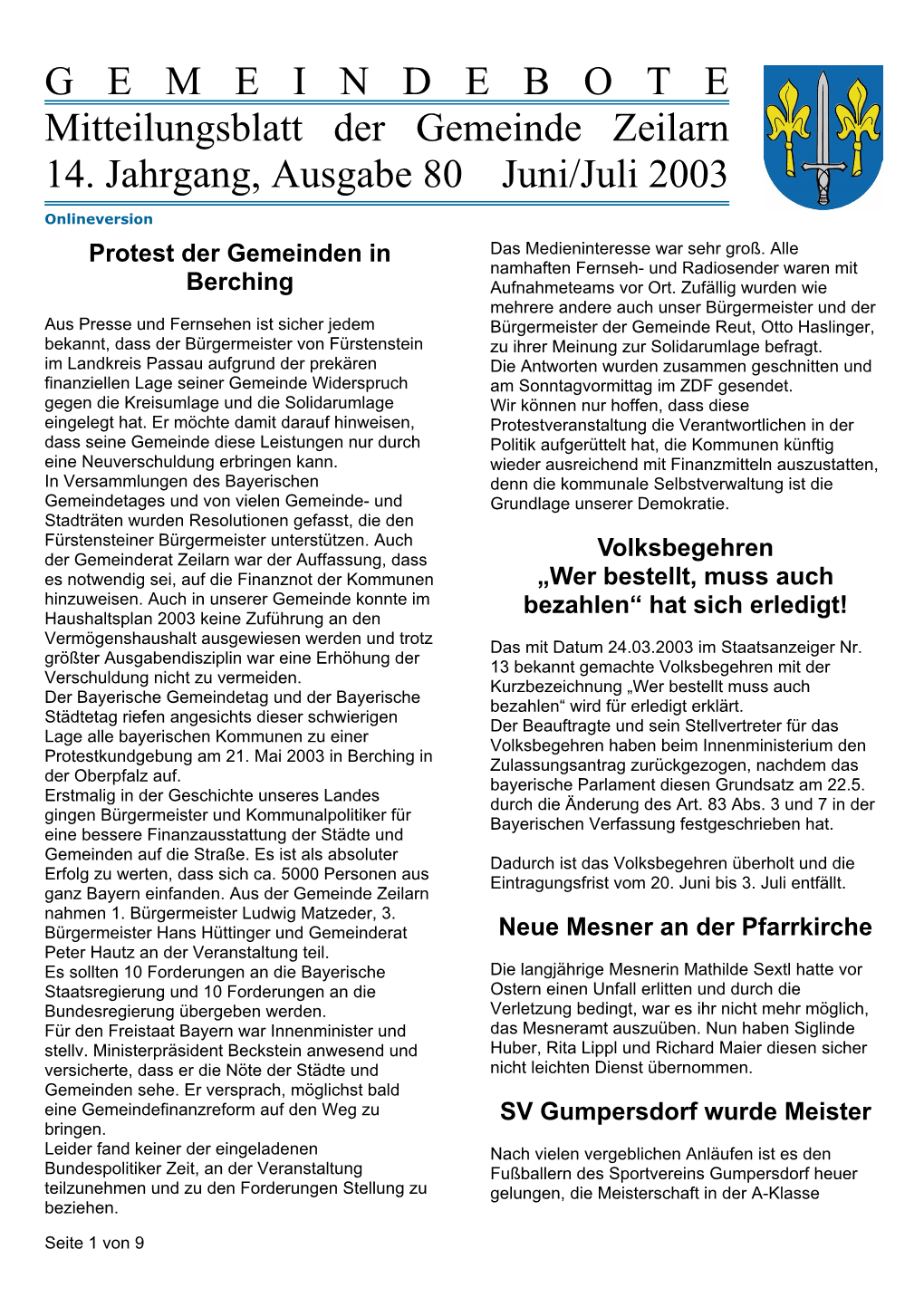 G E M E I N D E B O T E Mitteilungsblatt Der Gemeinde Zeilarn 14