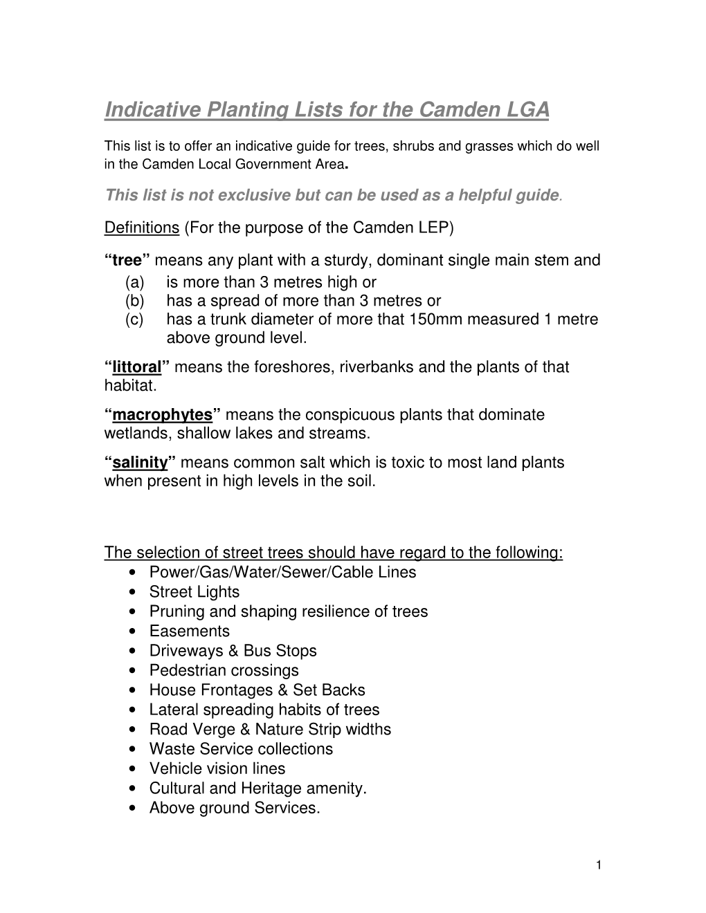 Indicative Planting Lists for the Camden LGA