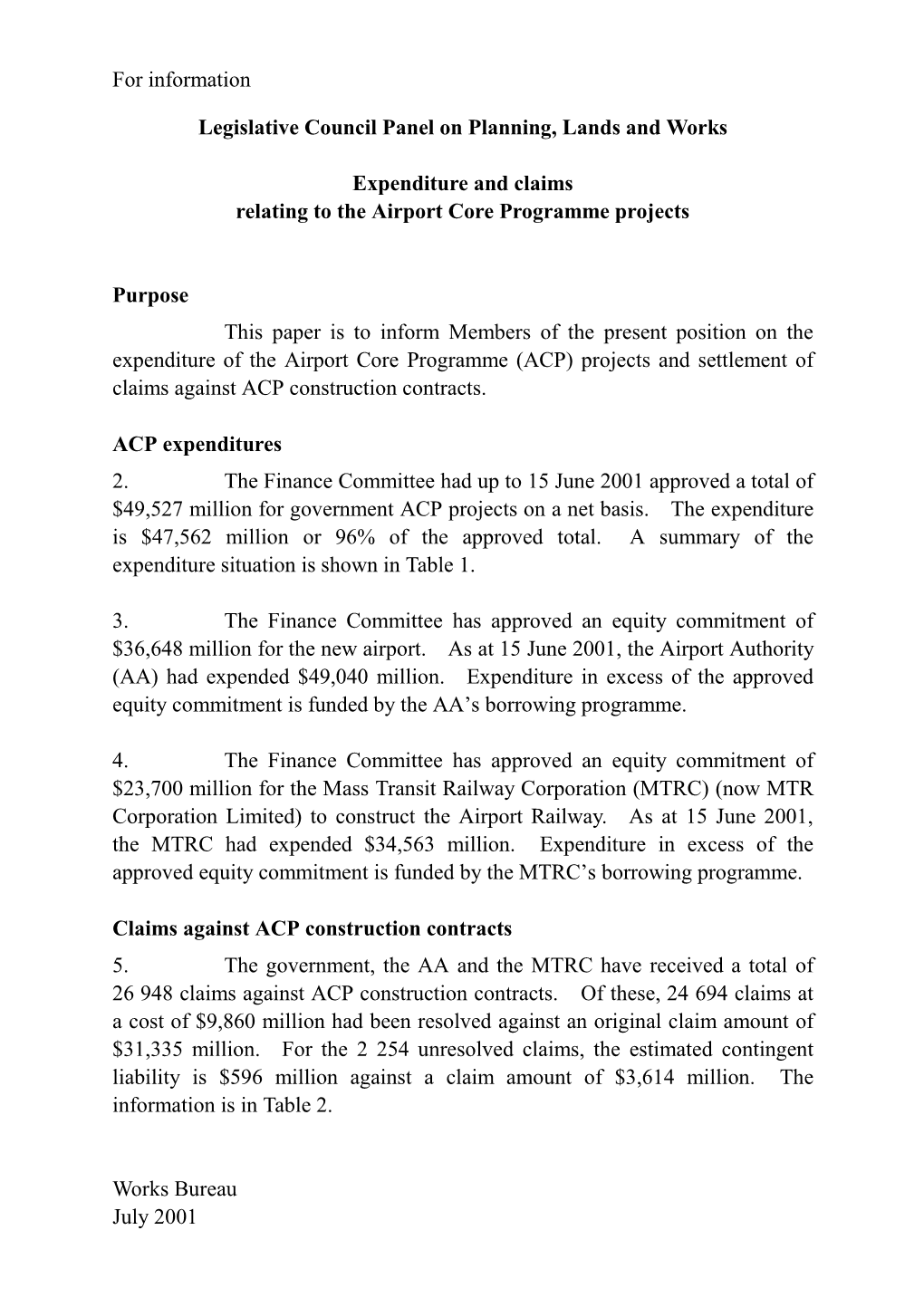 Expenditure and Claims Relating to the Airport Core Programme Projects