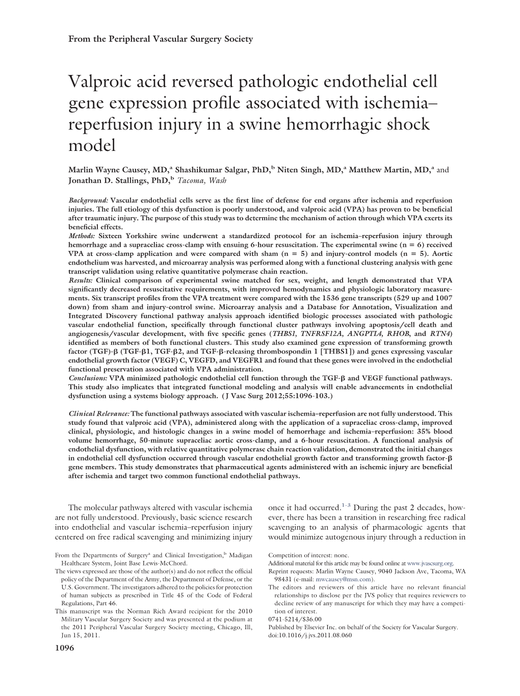 Valproic Acid Reversed Pathologic Endothelial Cell Gene Expression Proﬁle Associated with Ischemia– Reperfusion Injury in a Swine Hemorrhagic Shock Model