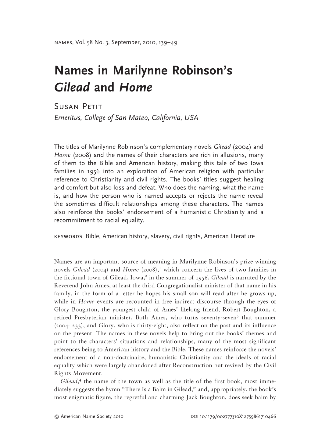 Names in Marilynne Robinson's <I>Gilead</I> and <I>Home</I>