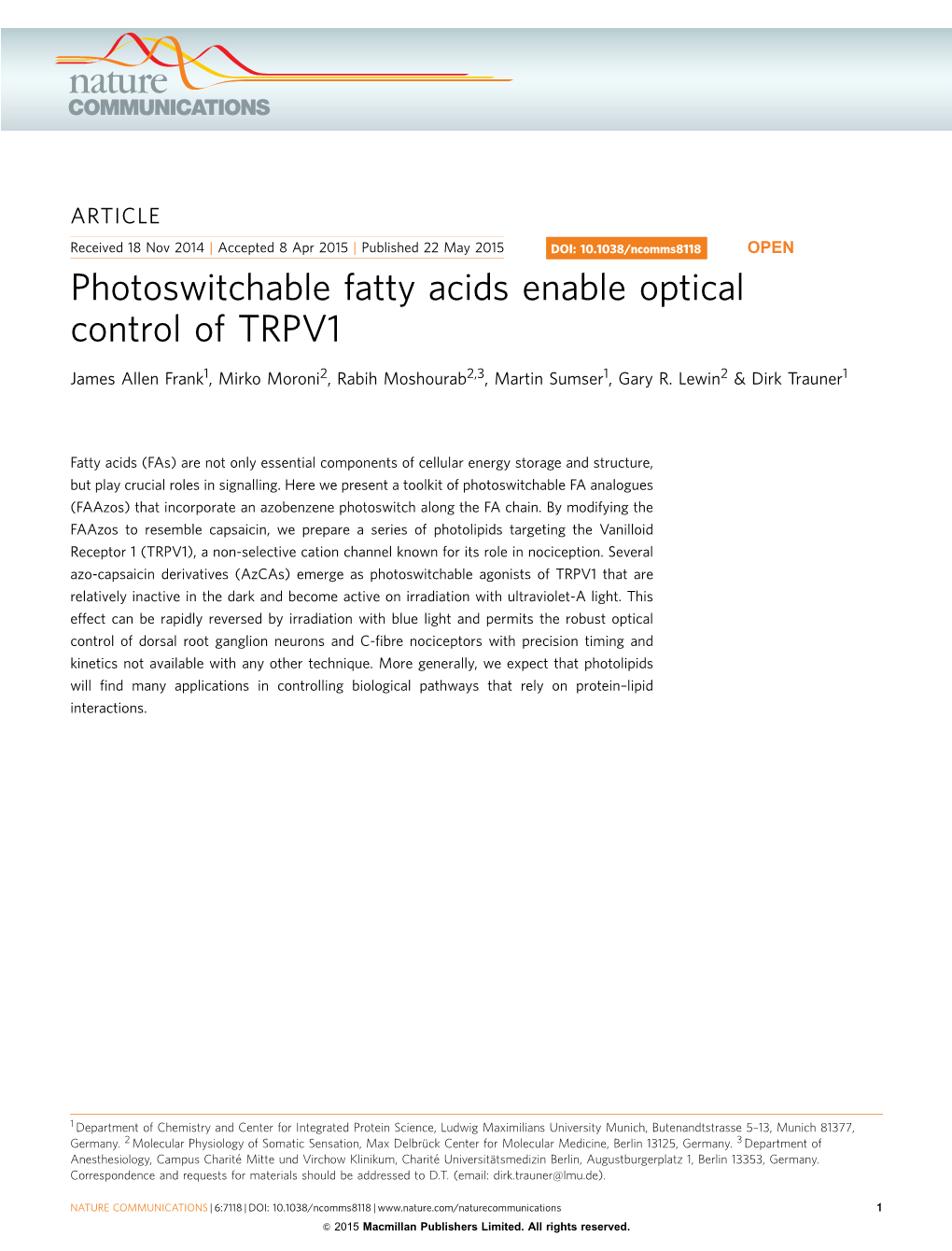 Photoswitchable Fatty Acids Enable Optical Control of TRPV1