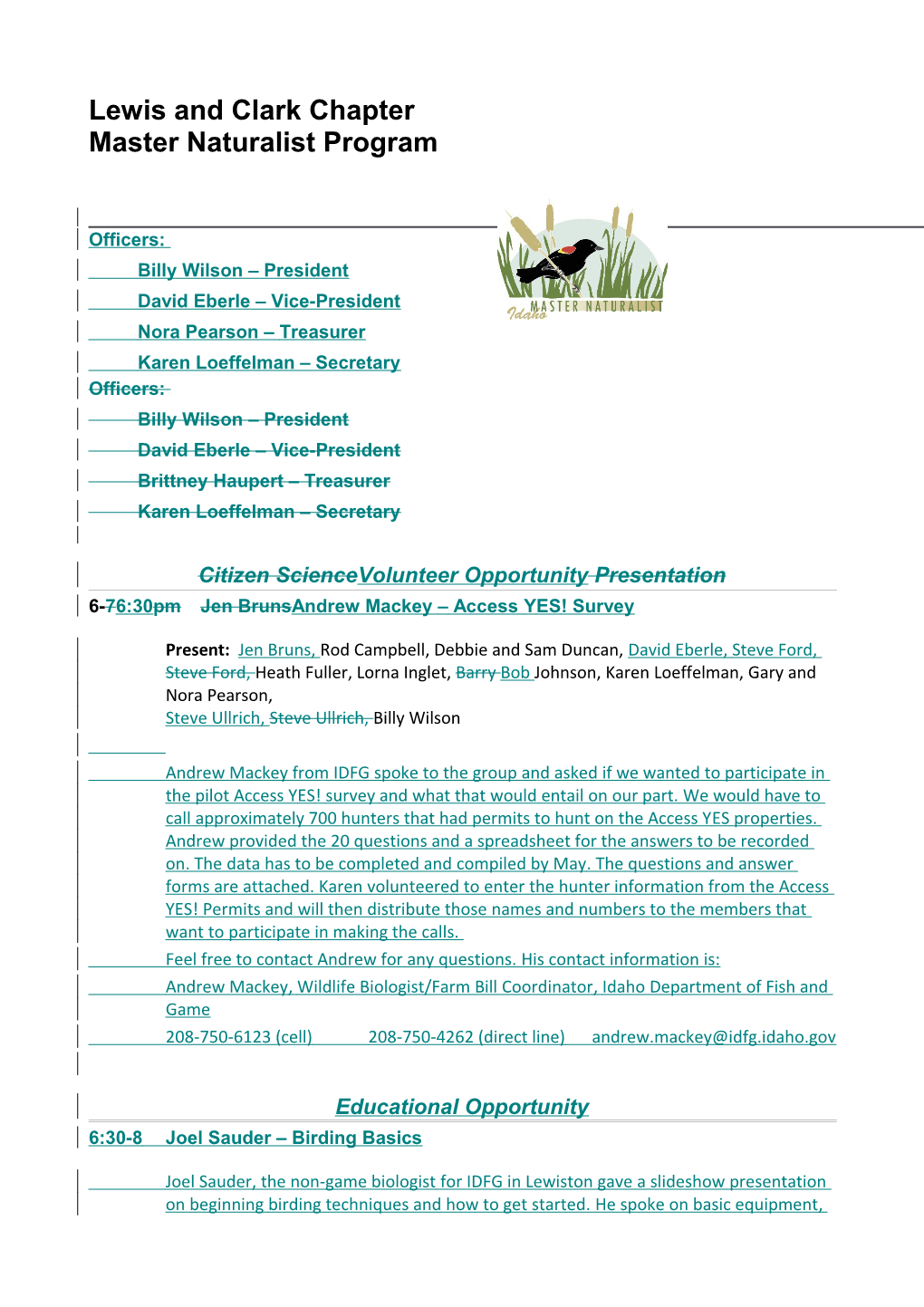 Idaho Master Naturalist Lewis and Clark Chapter Minutes, 12-09-2015