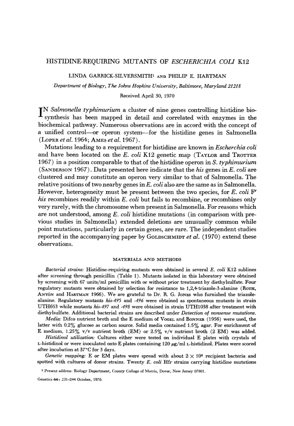 And TROTTER 1967) in a Position Comparable to That of the Histidine Operon in S