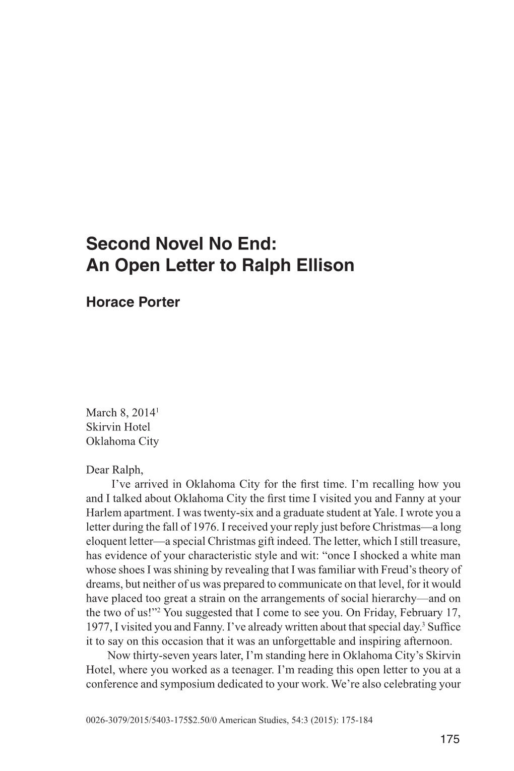 Second Novel No End: an Open Letter to Ralph Ellison