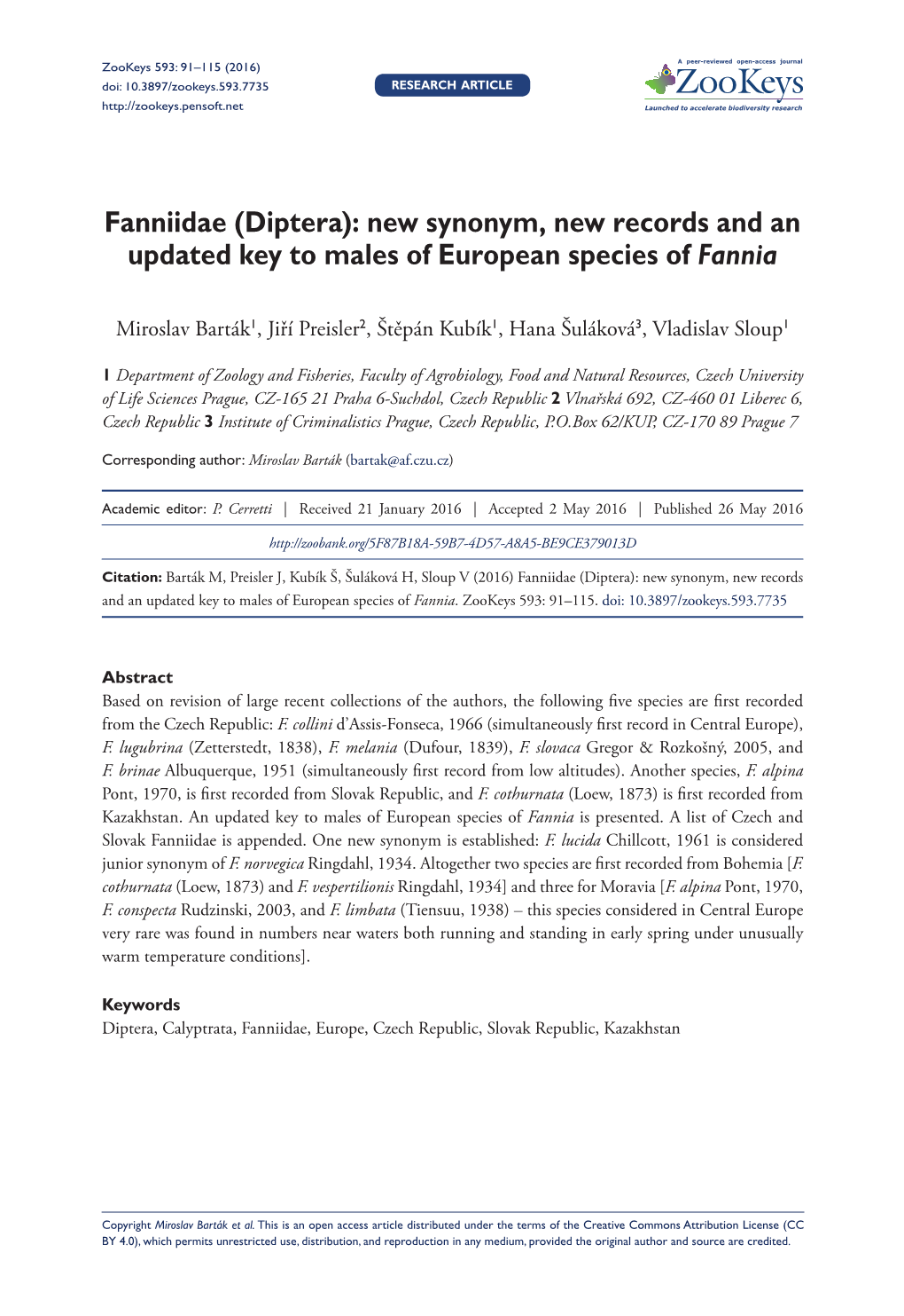 Fanniidae (Diptera): New Synonym, New Records and an Updated Key to Males of European Species of Fannia