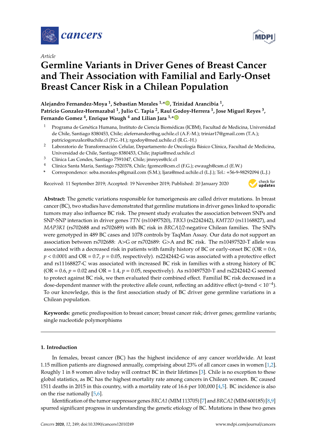 Germline Variants in Driver Genes of Breast Cancer and Their Association with Familial and Early-Onset Breast Cancer Risk in a Chilean Population