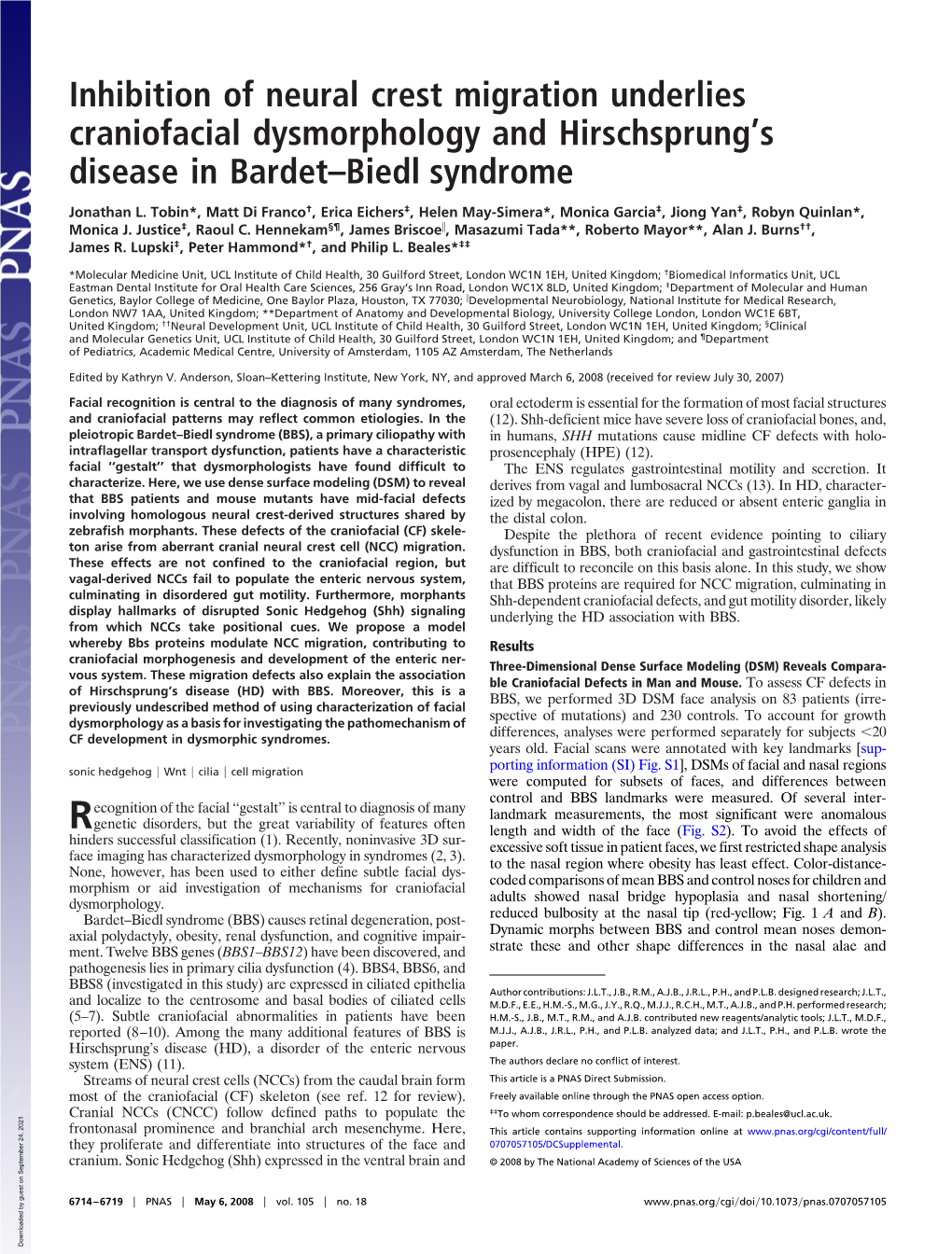 Inhibition of Neural Crest Migration Underlies Craniofacial Dysmorphology and Hirschsprung's Disease in Bardet–Biedl Syndrom