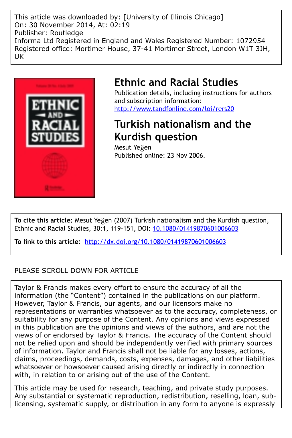 Ethnic and Racial Studies Turkish Nationalism and the Kurdish Question