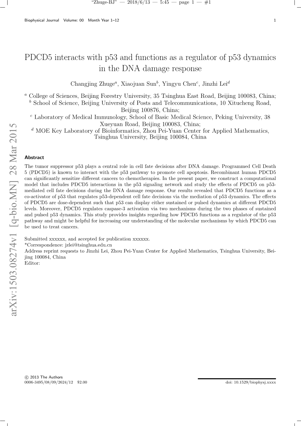 PDCD5 Interacts with P53 and Functions As a Regulator of P53 Dynamics in the DNA Damage Response