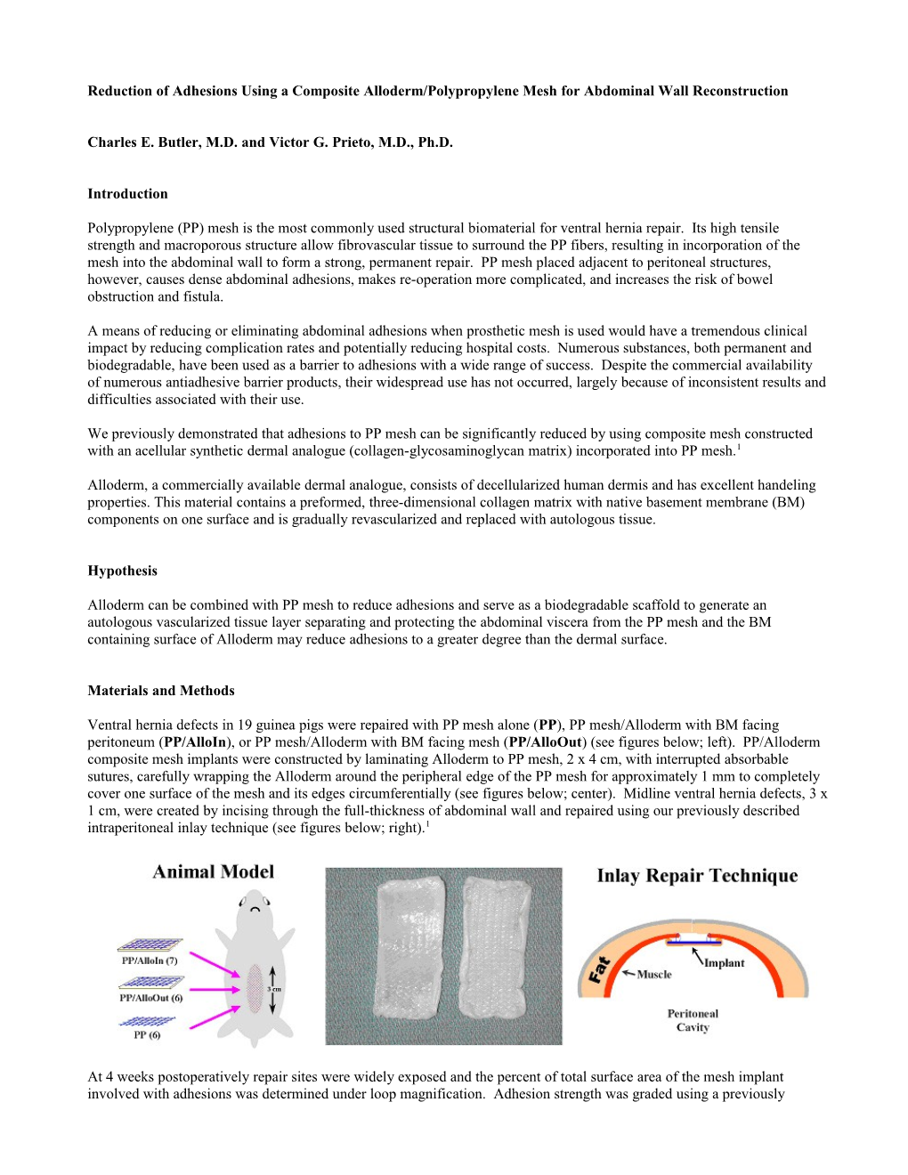 Evaluation of Alloderm for Reduction of Adhesions in Ventral Hernia Repair Using Polypropylene