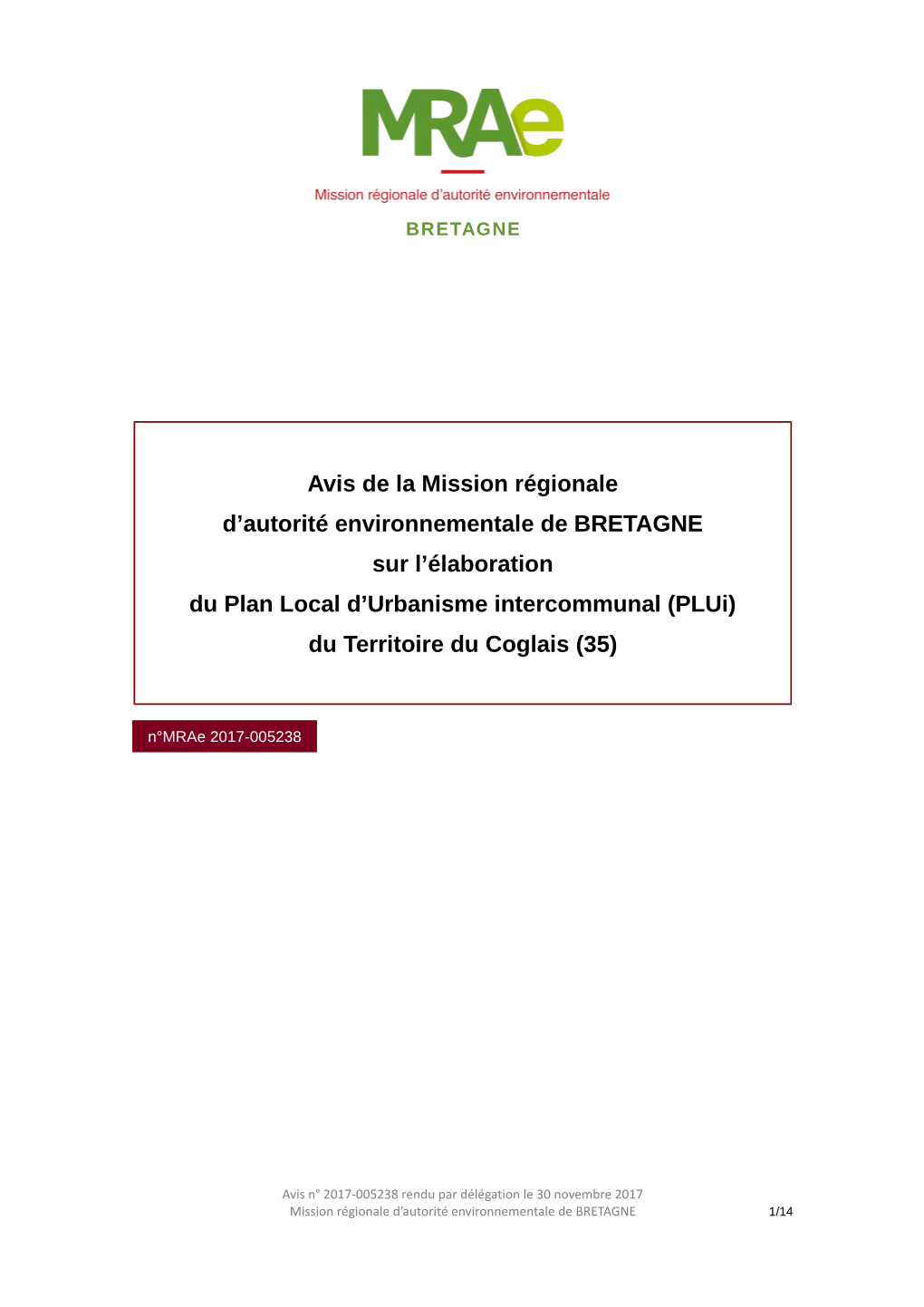 Avis De La Mission Régionale D'autorité Environnementale De BRETAGNE