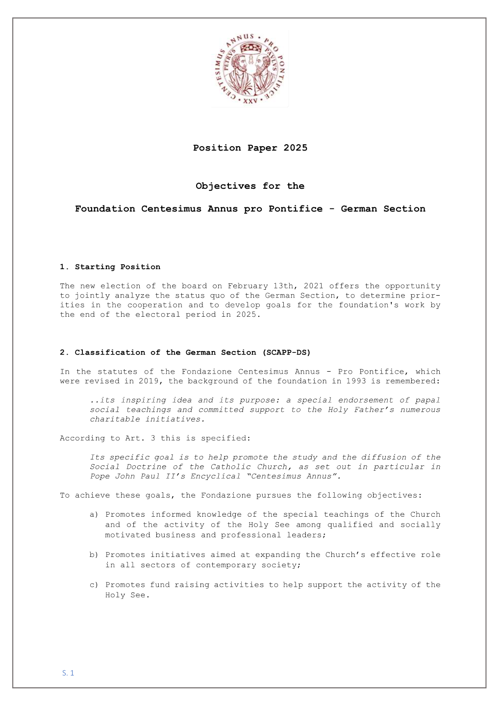 Position Paper 2025 Objectives for the Foundation Centesimus Annus Pro