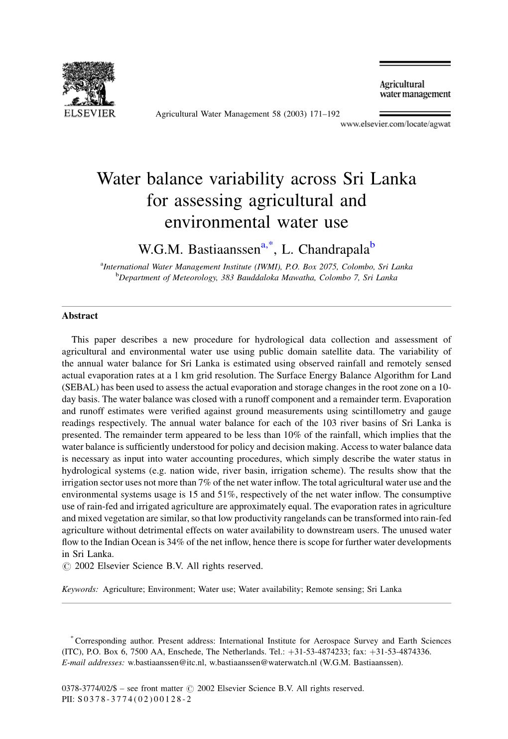 Water Balance Variability Across Sri Lanka for Assessing Agricultural and Environmental Water Use W.G.M