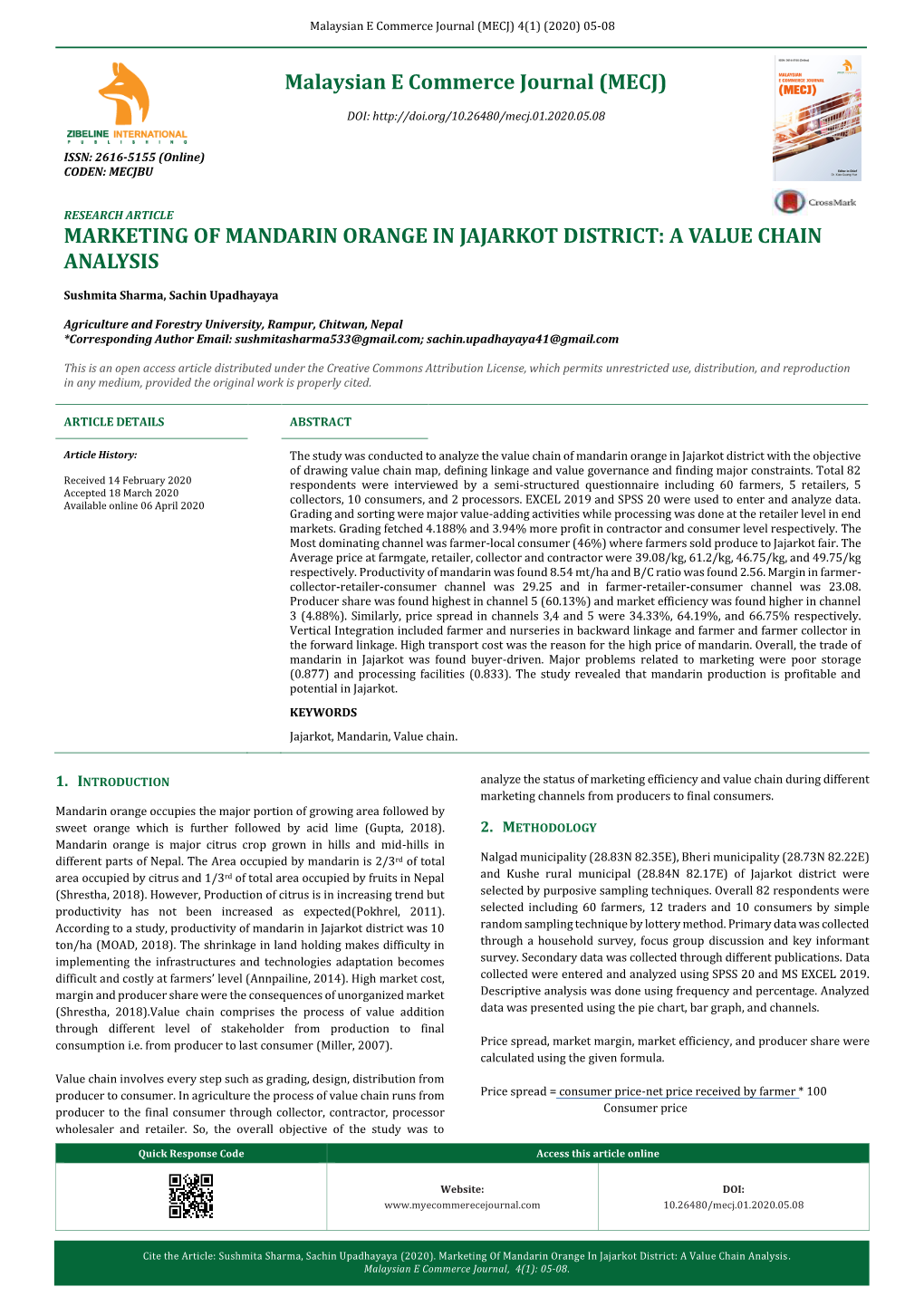 Marketing of Mandarin Orange in Jajarkot District: a Value Chain Analysis