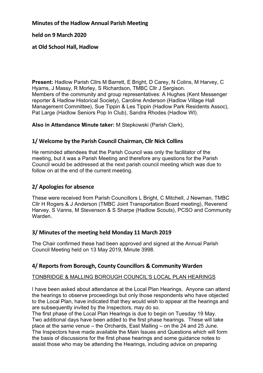 Minutes of the Hadlow Annual Parish Meeting 9 March 2020