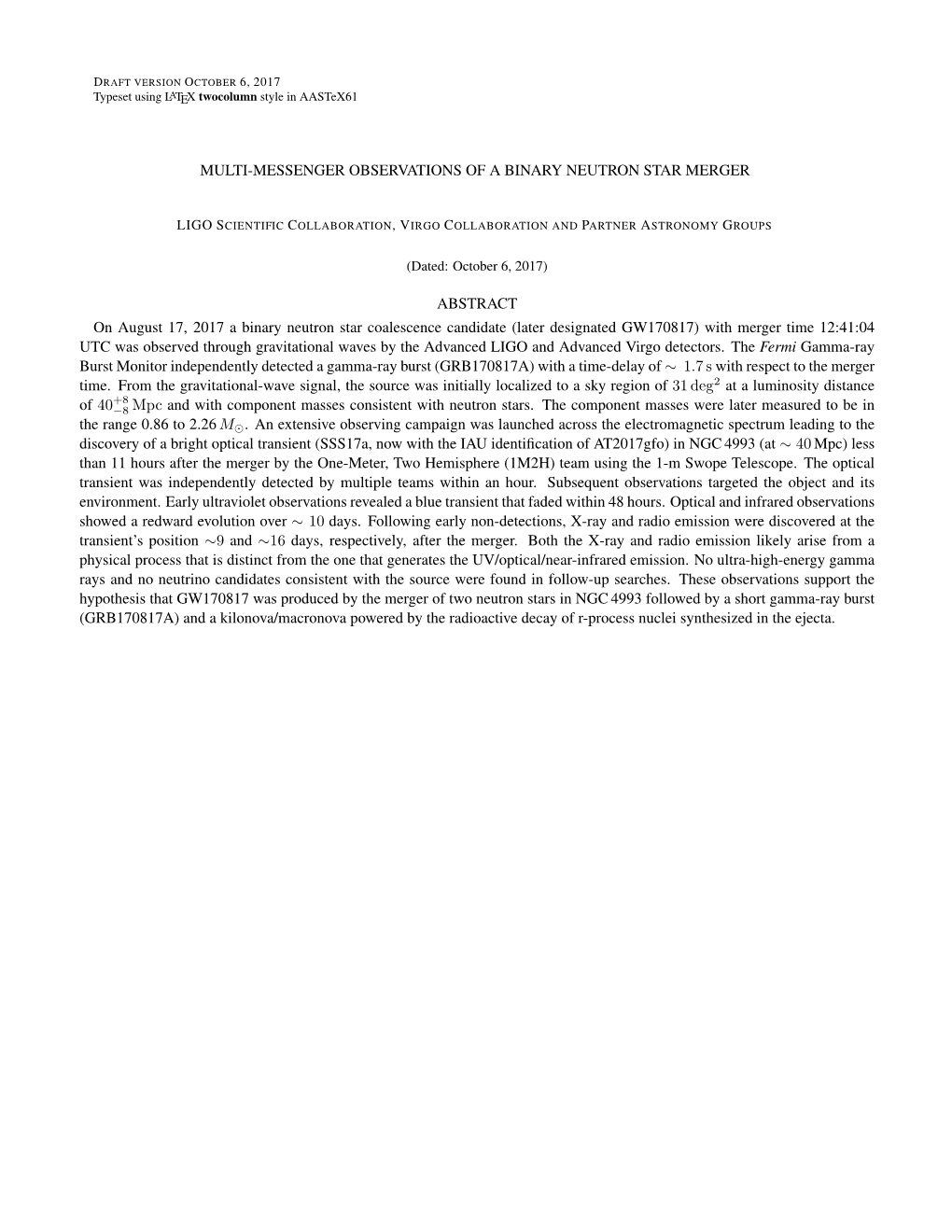 Multi-Messenger Observations of a Binary Neutron Star Merger