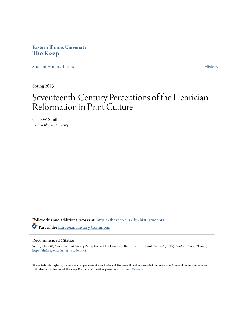 Seventeenth-Century Perceptions of the Henrician Reformation in Print Culture Clare W