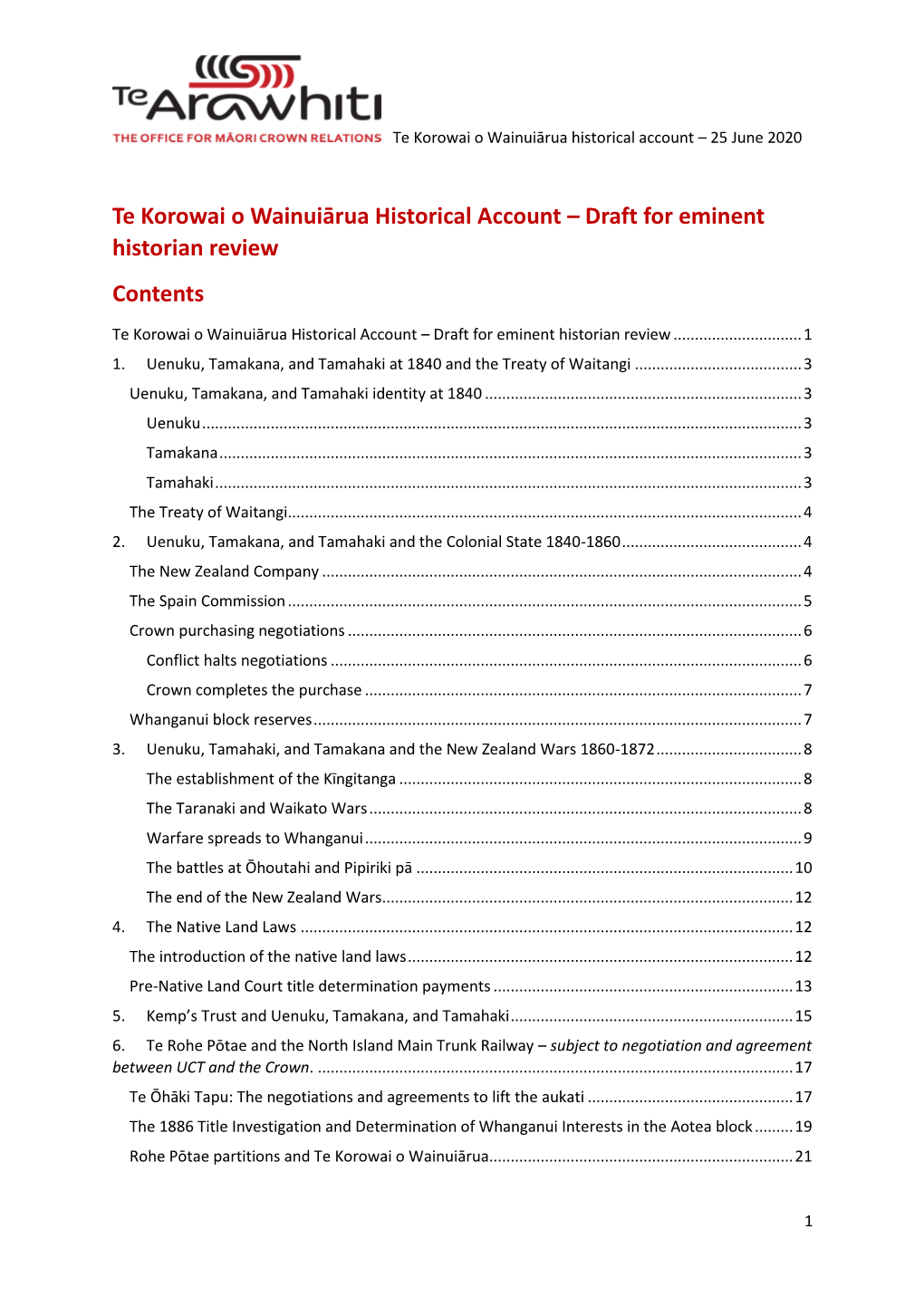 Te Korowai O Wainuiārua Historical Account – Draft for Eminent Historian Review Contents