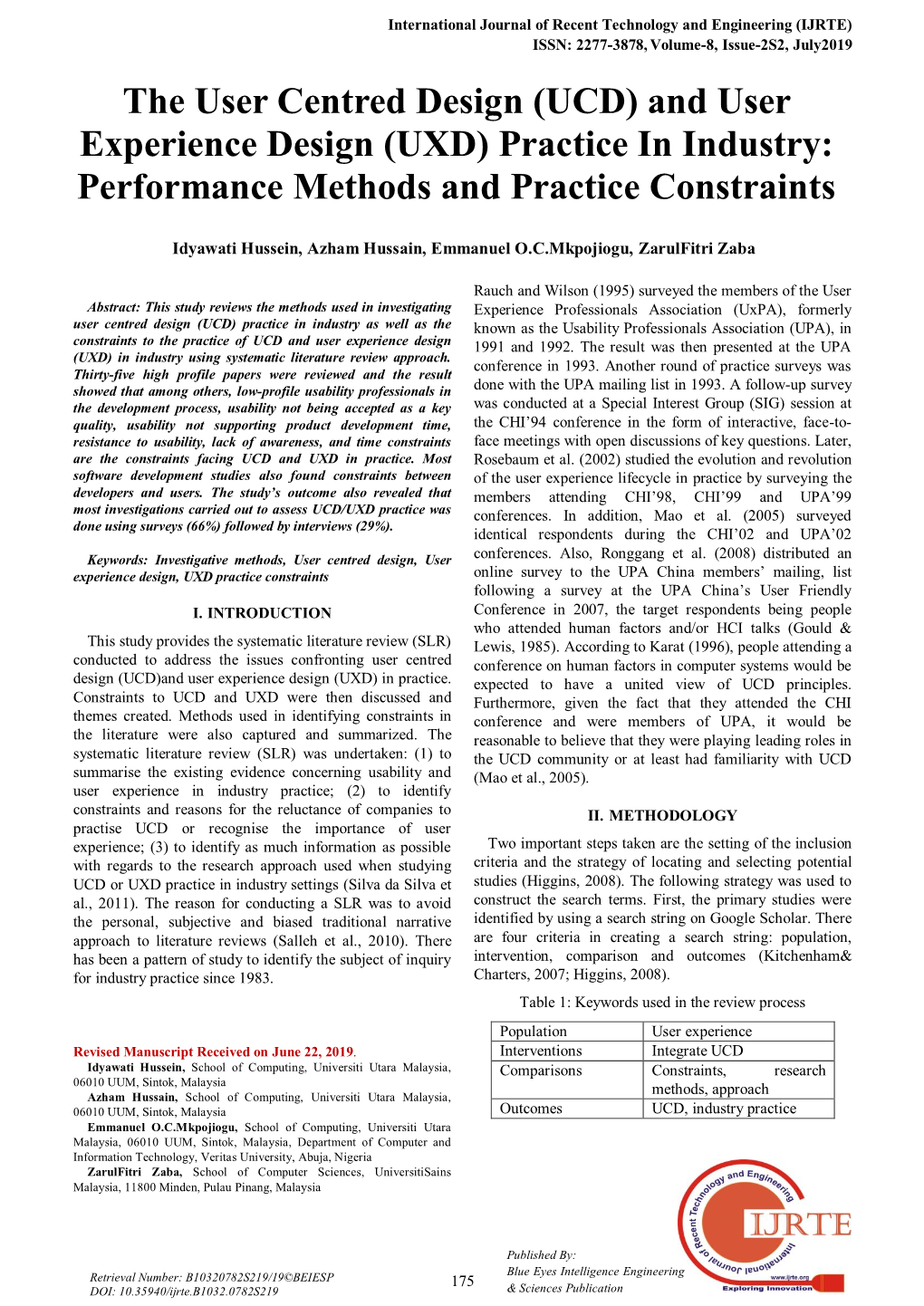 (UCD) and User Experience Design (UXD) Practice in Industry: Performance Methods and Practice Constraints