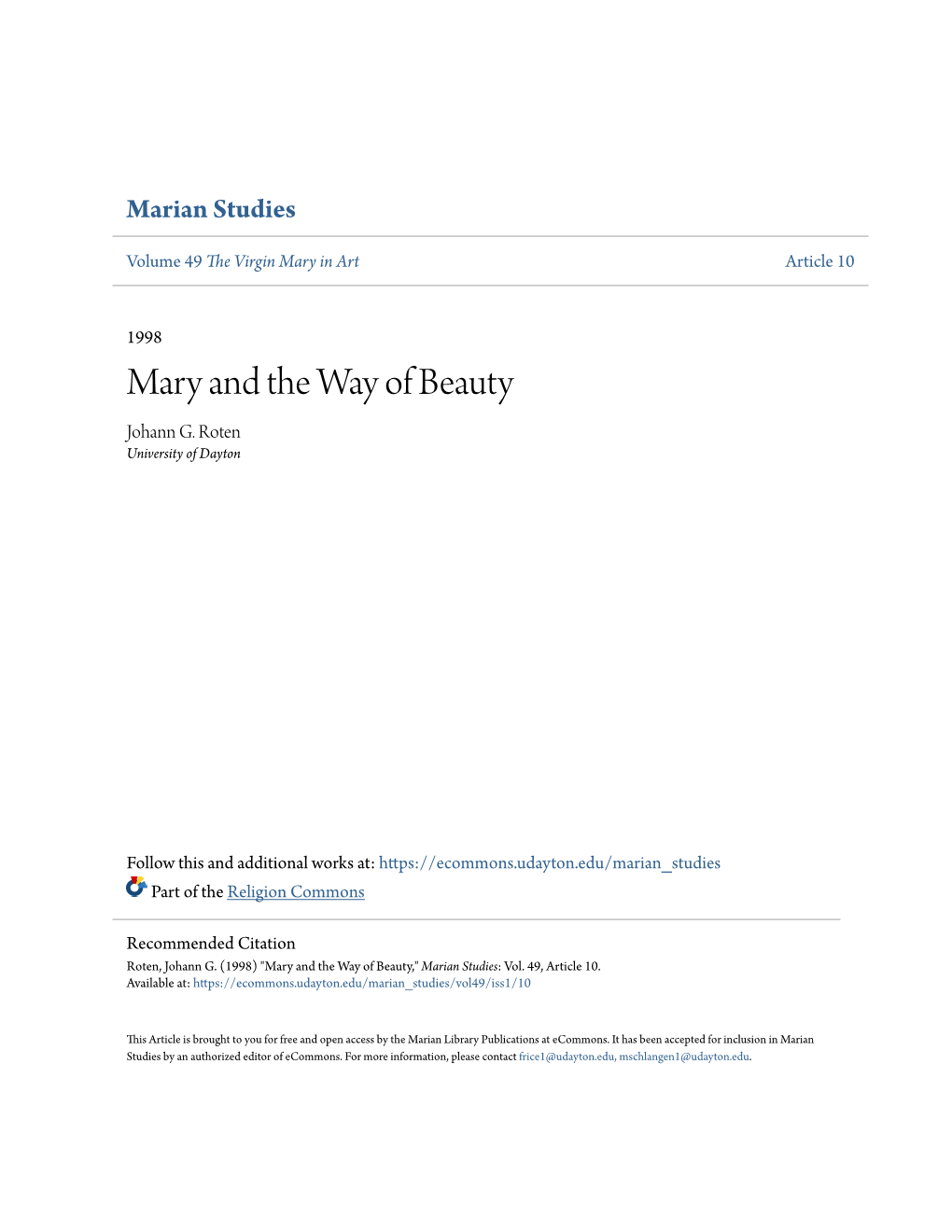 Mary and the Way of Beauty Johann G