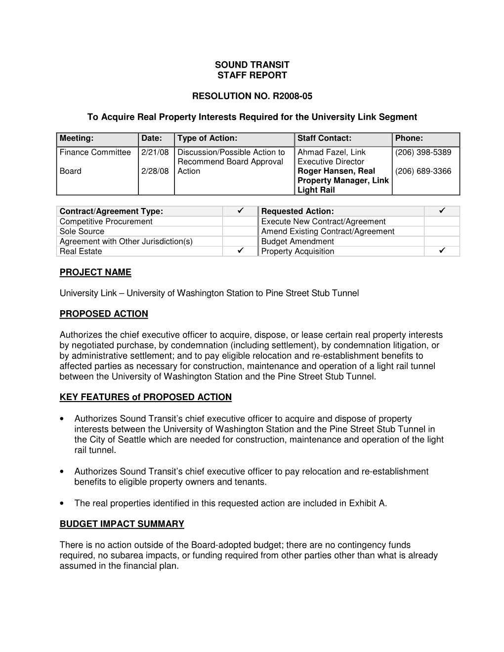 SOUND TRANSIT STAFF REPORT RESOLUTION NO. R2008-05 To