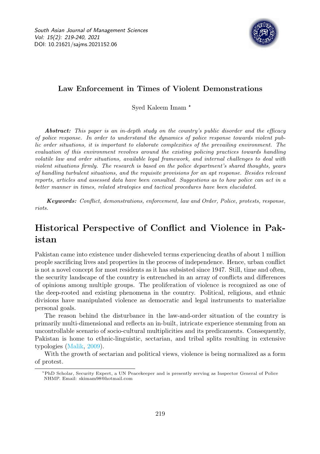 Historical Perspective of Conflict and Violence in Pak- Istan