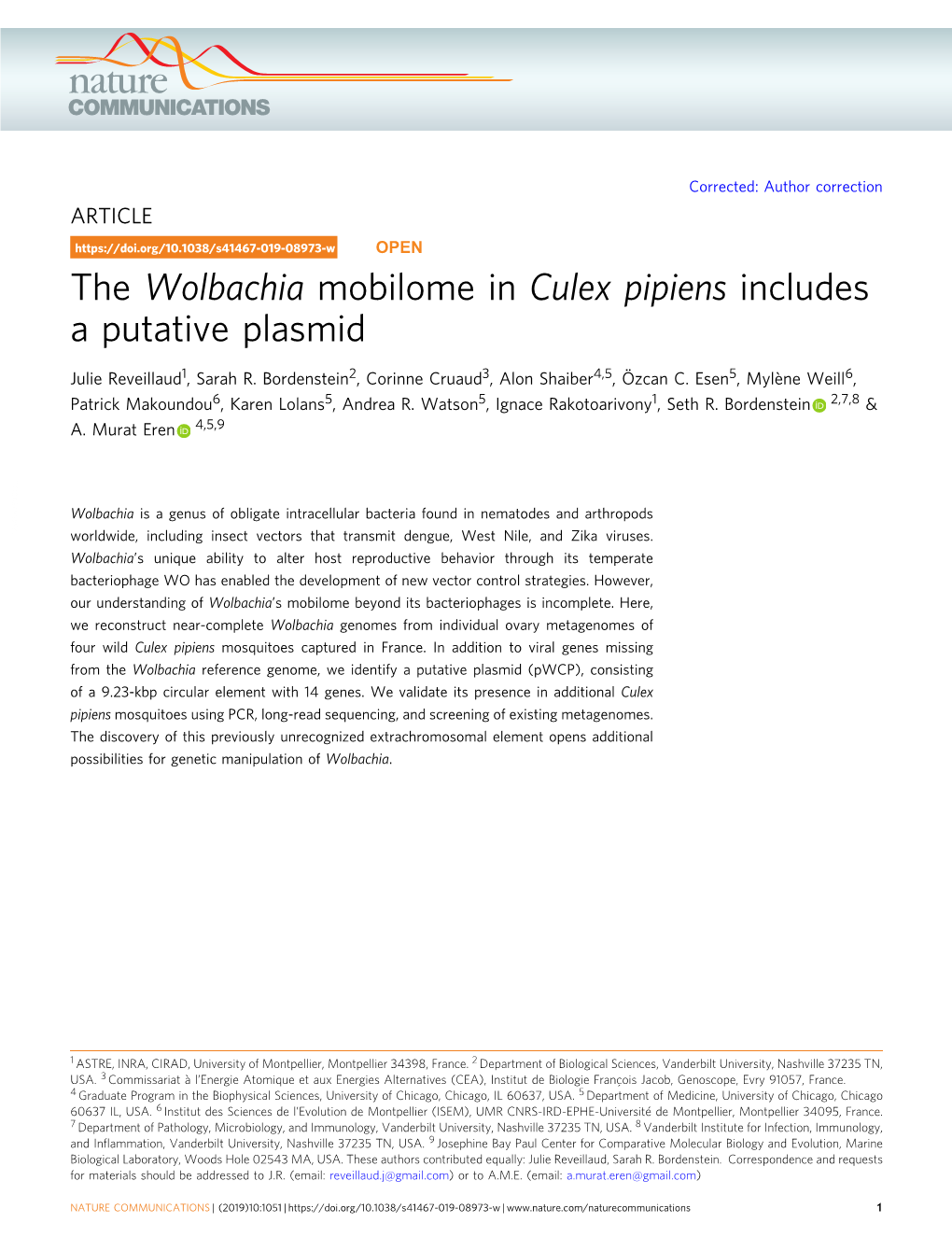 The Wolbachia Mobilome in Culex Pipiens Includes a Putative Plasmid