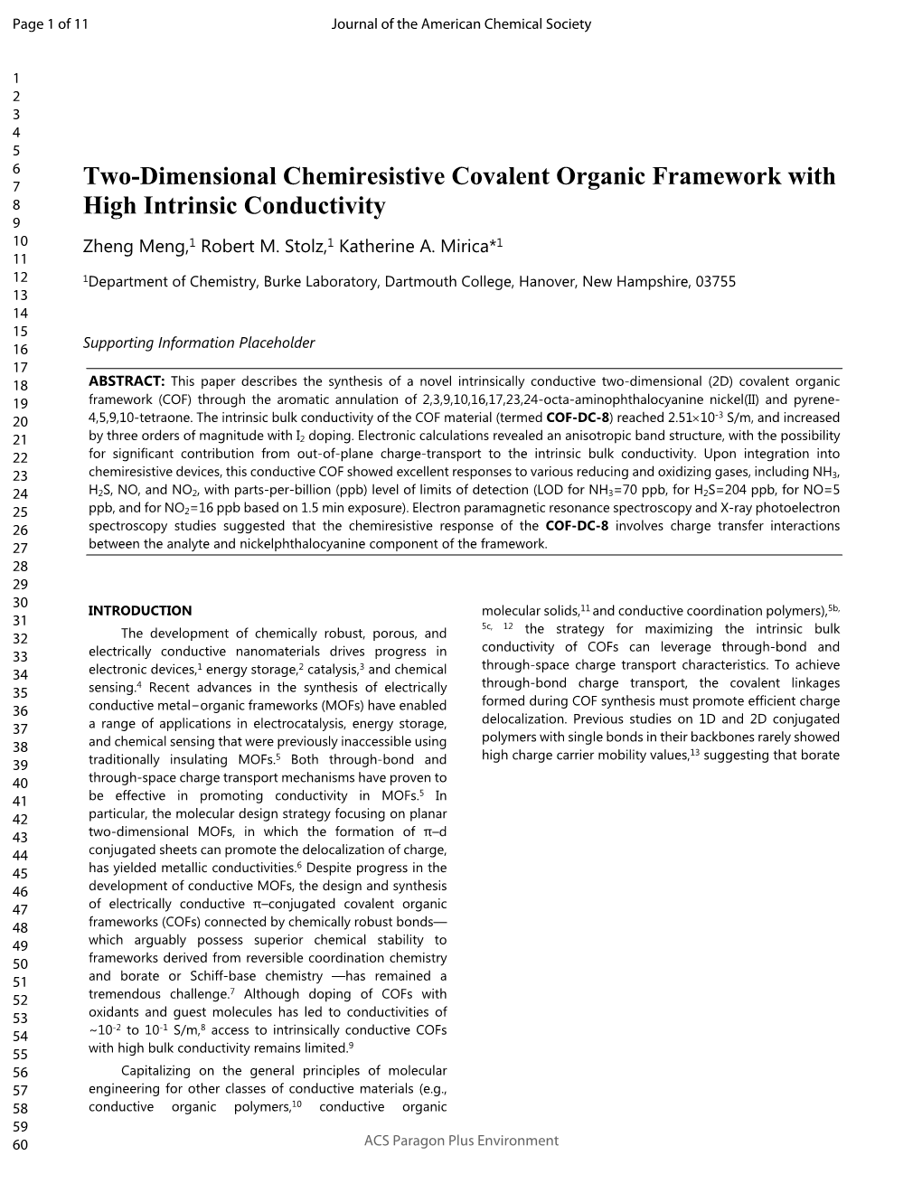 Two-Dimensional Chemiresistive Covalent Organic Framework with 8 High Intrinsic Conductivity 9 10 Zheng Meng,1 Robert M