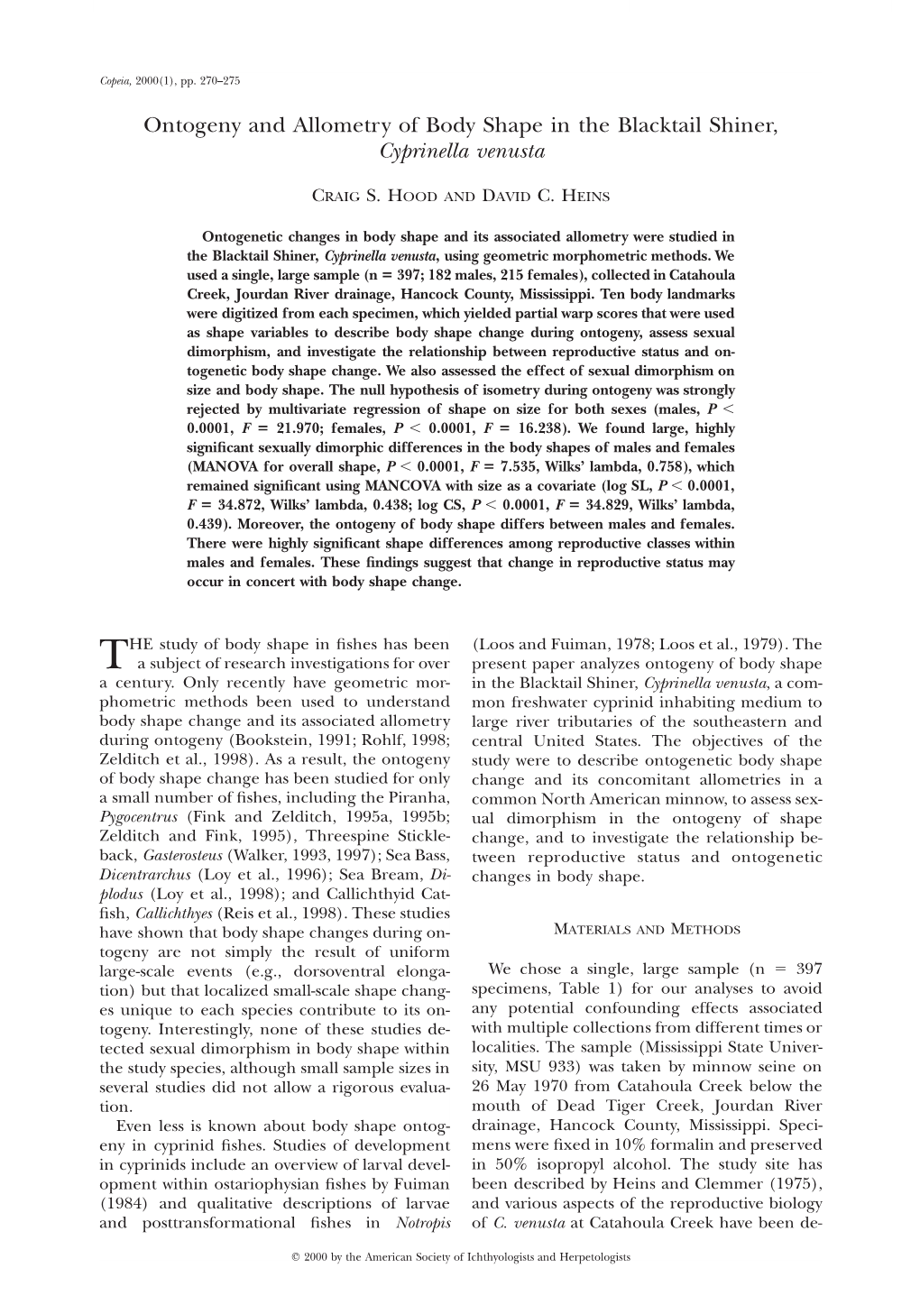 Ontogeny and Allometry of Body Shape in the Blacktail Shiner, Cyprinella Venusta