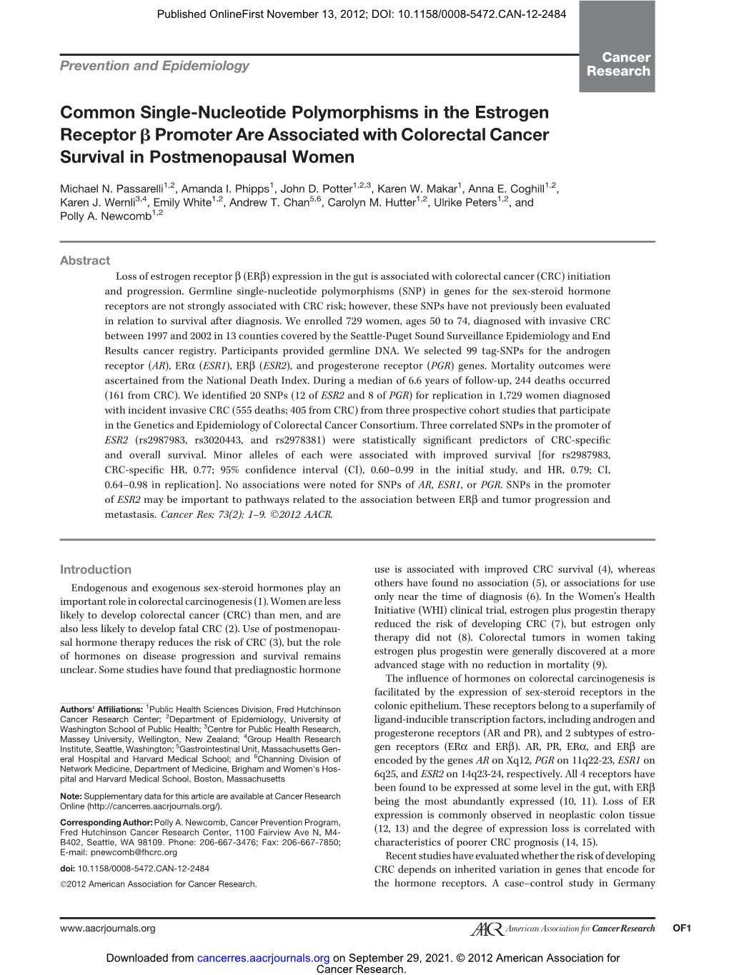 Common Single-Nucleotide Polymorphisms in the Estrogen Receptor B Promoter Are Associated with Colorectal Cancer Survival in Postmenopausal Women