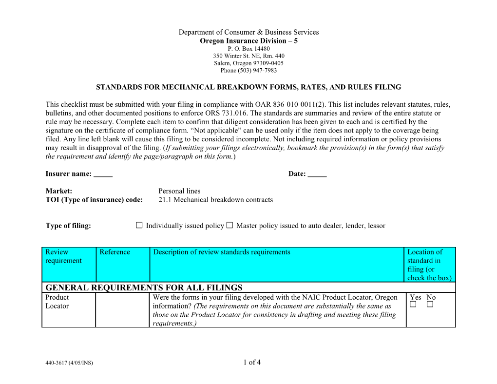 Form 3617, Standards for Mechanical Breakdown Forms, Rates, and Rules Filing, Form # 440-3617