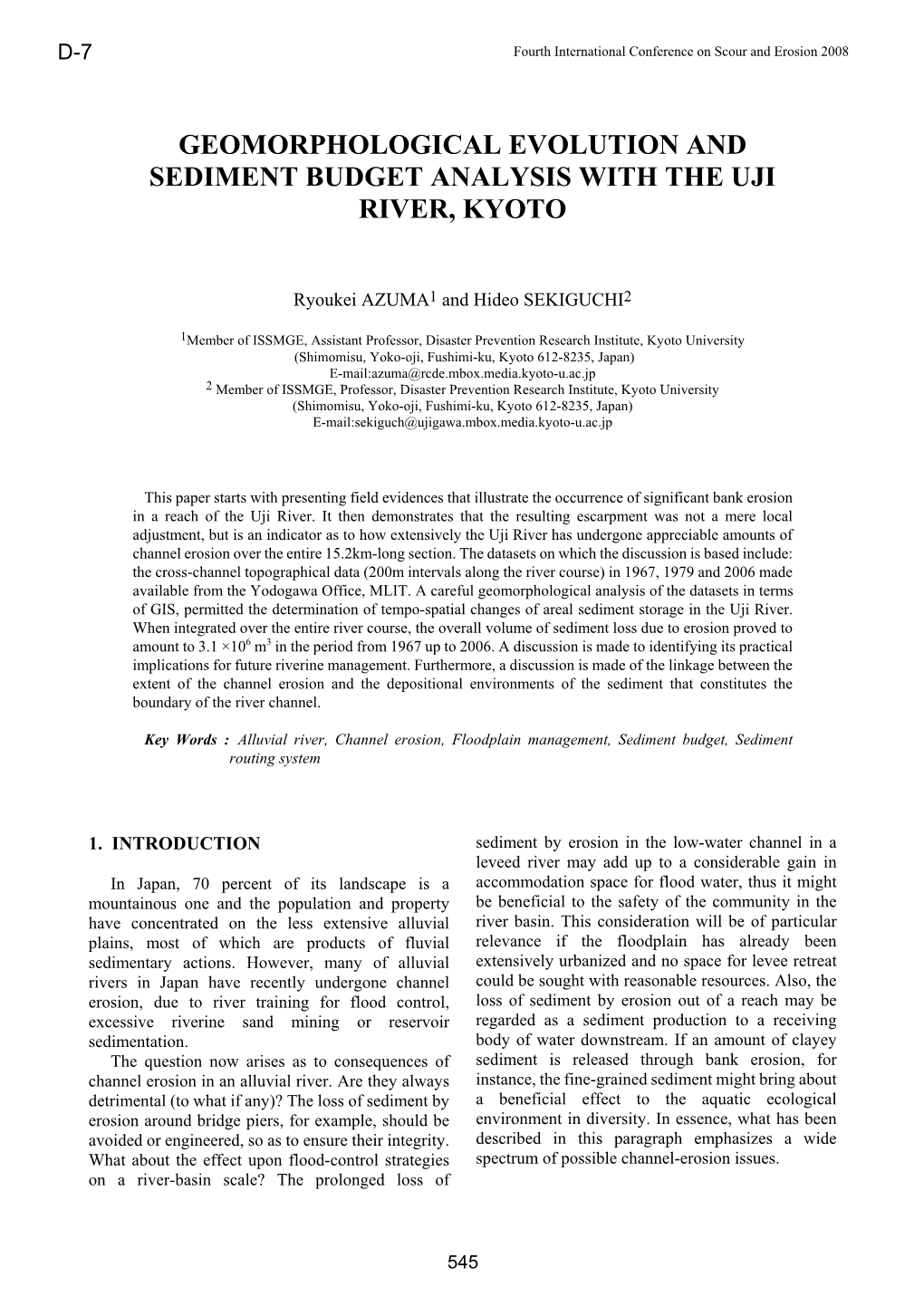 Geomorphological Evolution and Sediment Budget Analysis with the Uji River, Kyoto