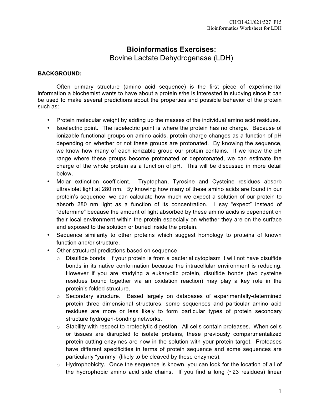 Bioinformatics Exercises: Bovine Lactate Dehydrogenase (LDH)