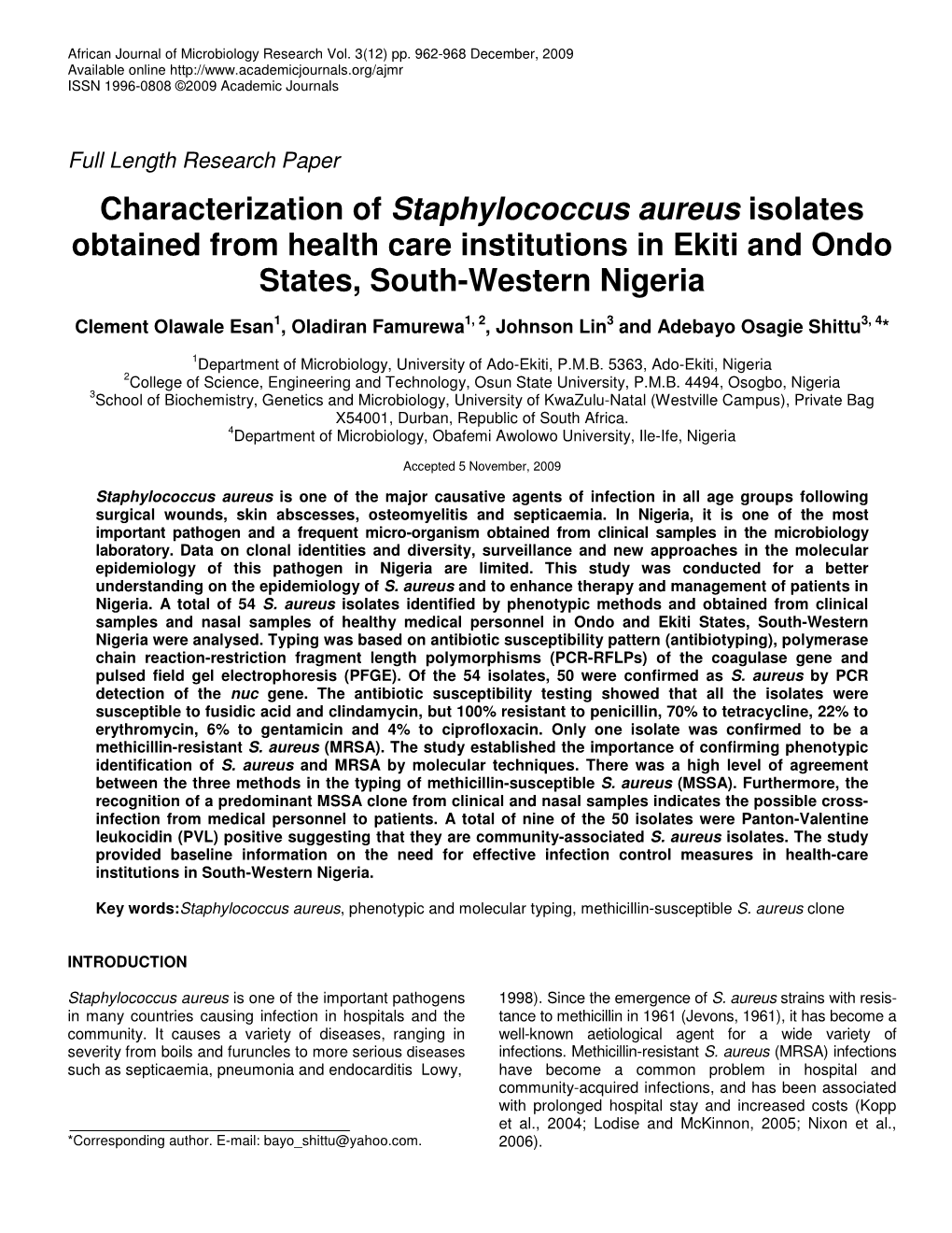 Characterization of Staphylococcus Aureus Isolates Obtained from Health Care Institutions in Ekiti and Ondo States, South-Western Nigeria