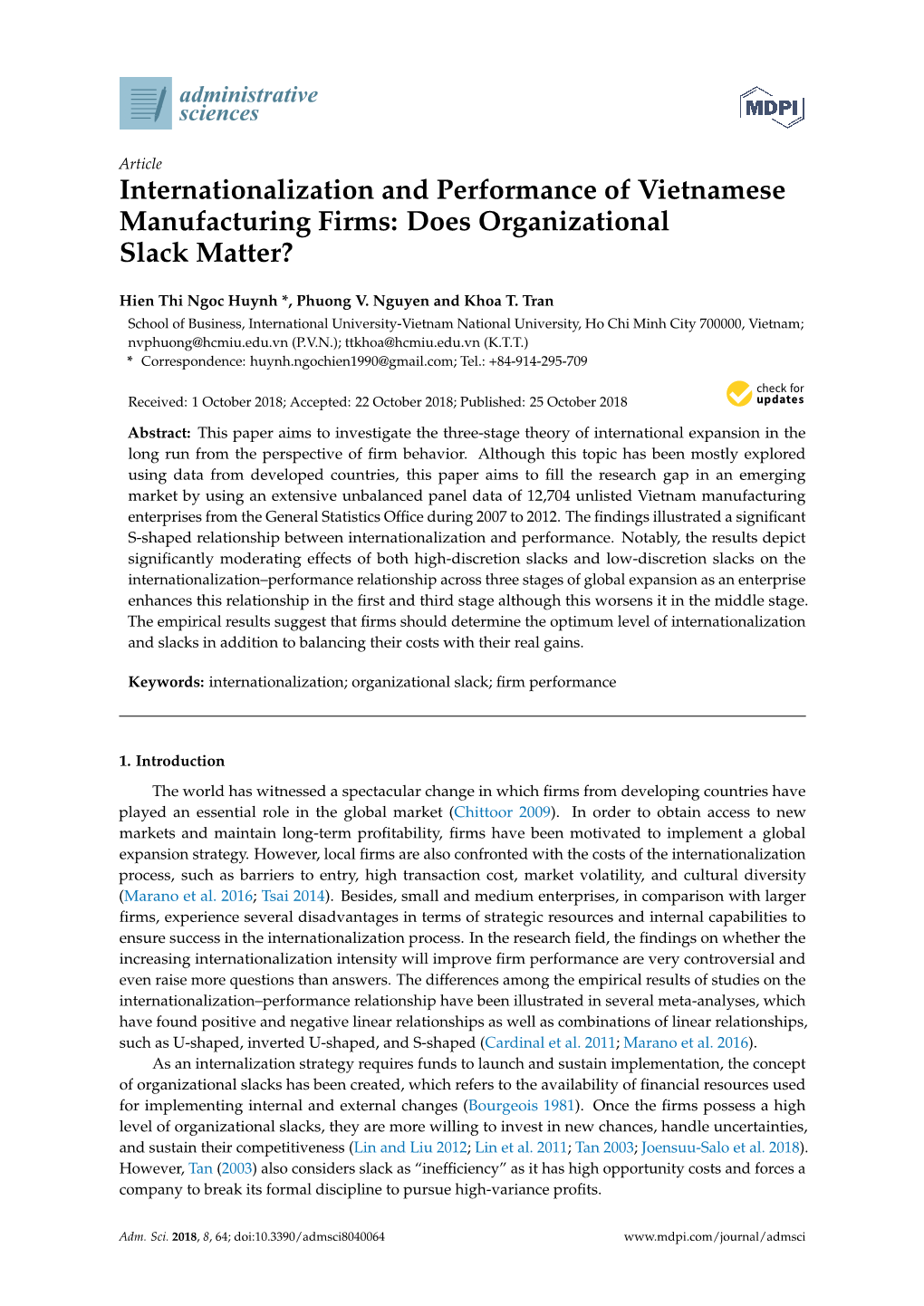 Internationalization and Performance of Vietnamese Manufacturing Firms: Does Organizational Slack Matter?