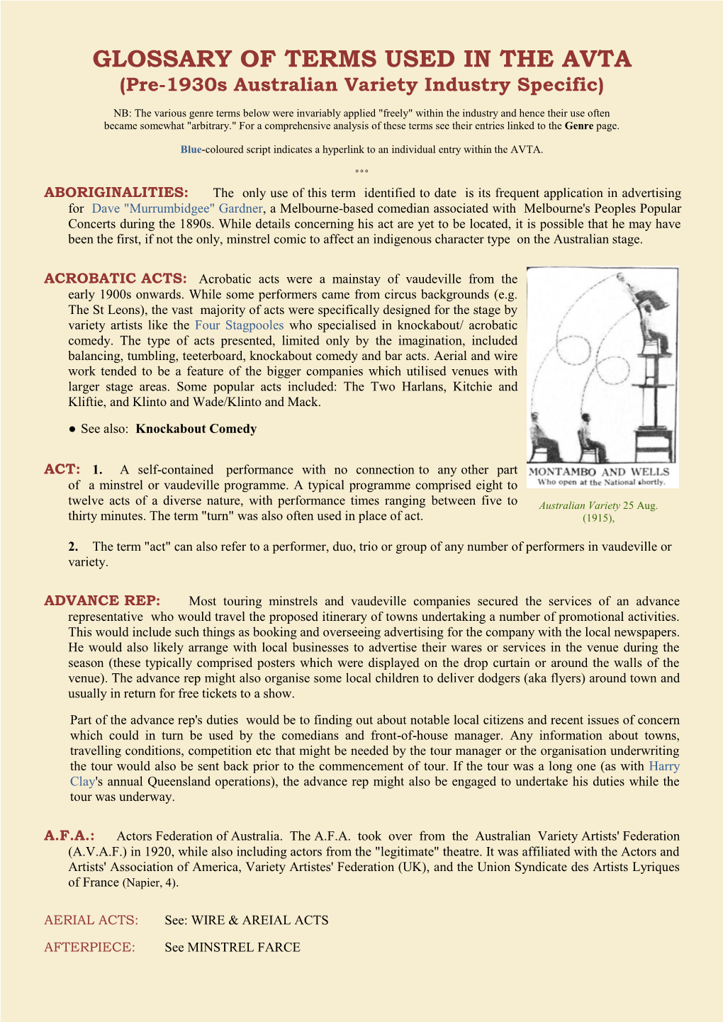 GLOSSARY of TERMS USED in the AVTA (Pre-1930S Australian Variety Industry Specific)