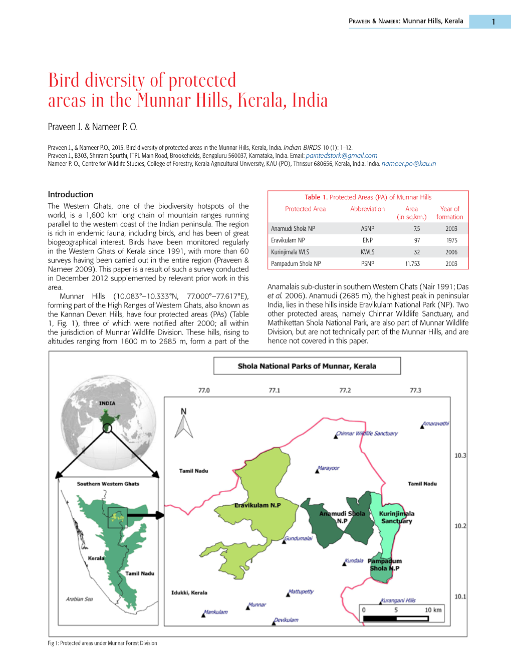 Bird Diversity of Protected Areas in the Munnar Hills, Kerala, India