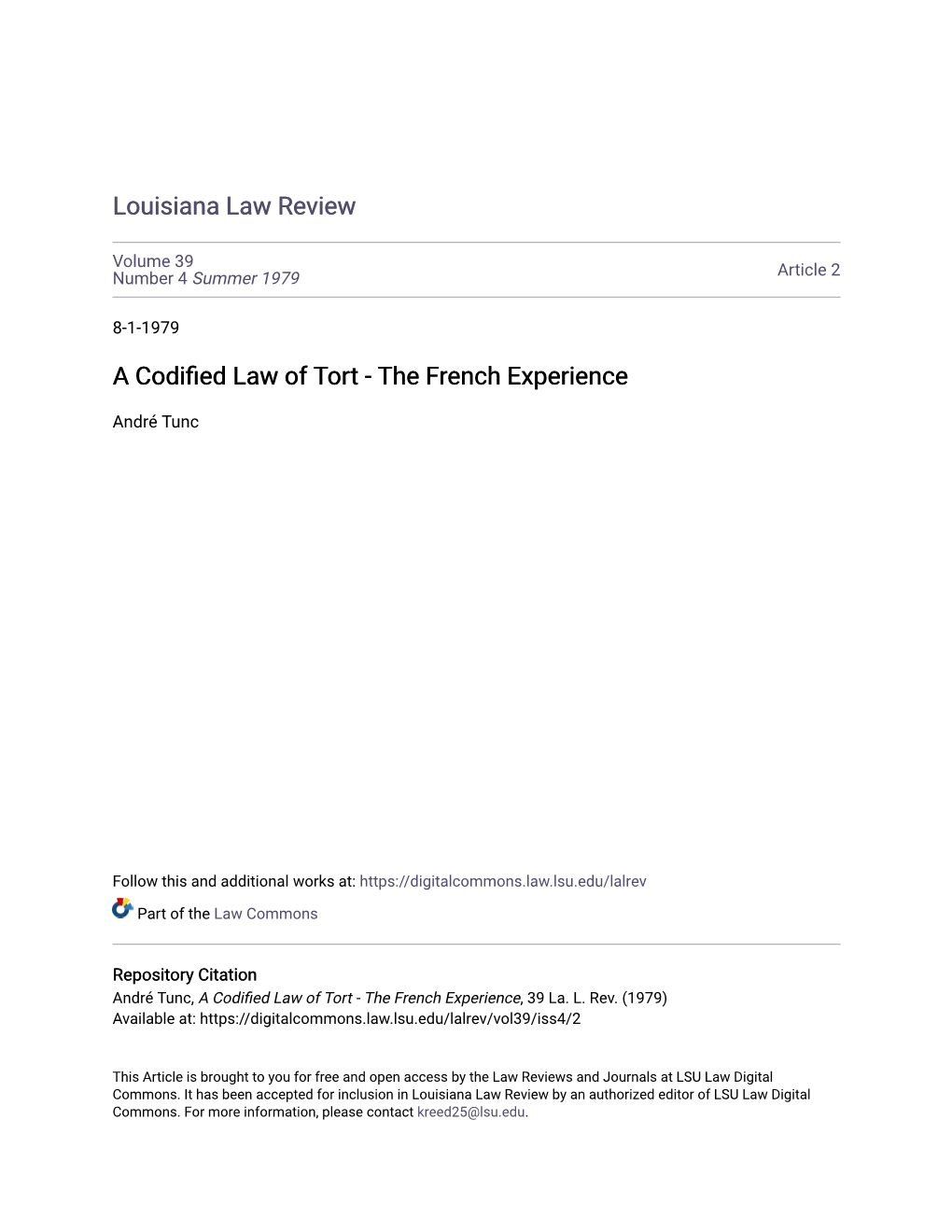 A Codified Law of Tort-The French Experience*