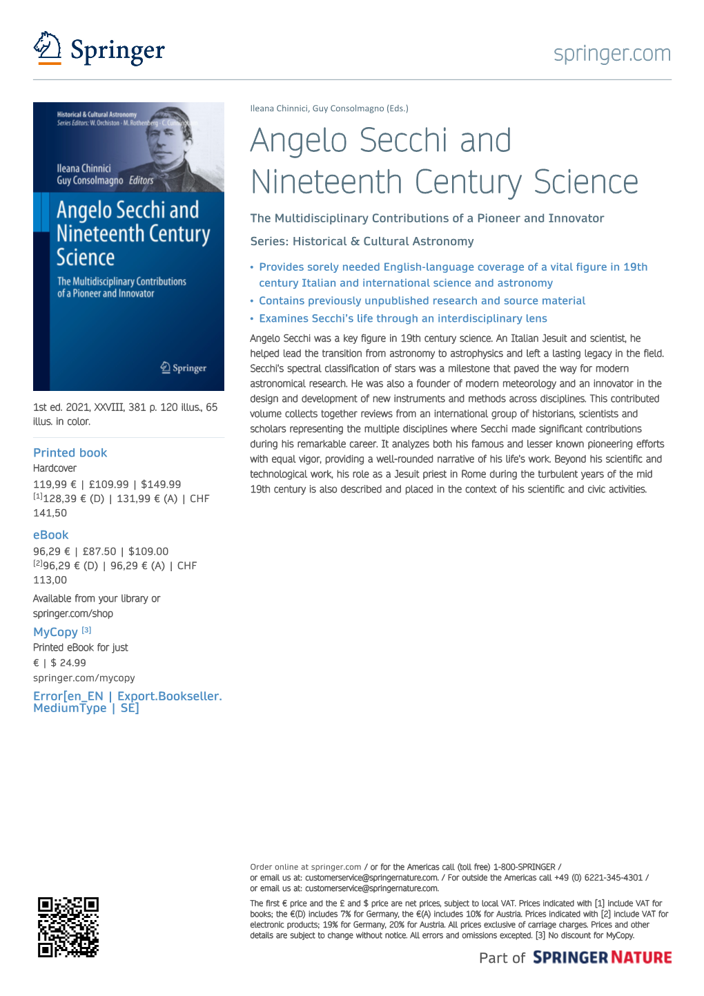 Angelo Secchi and Nineteenth Century Science the Multidisciplinary Contributions of a Pioneer and Innovator Series: Historical & Cultural Astronomy