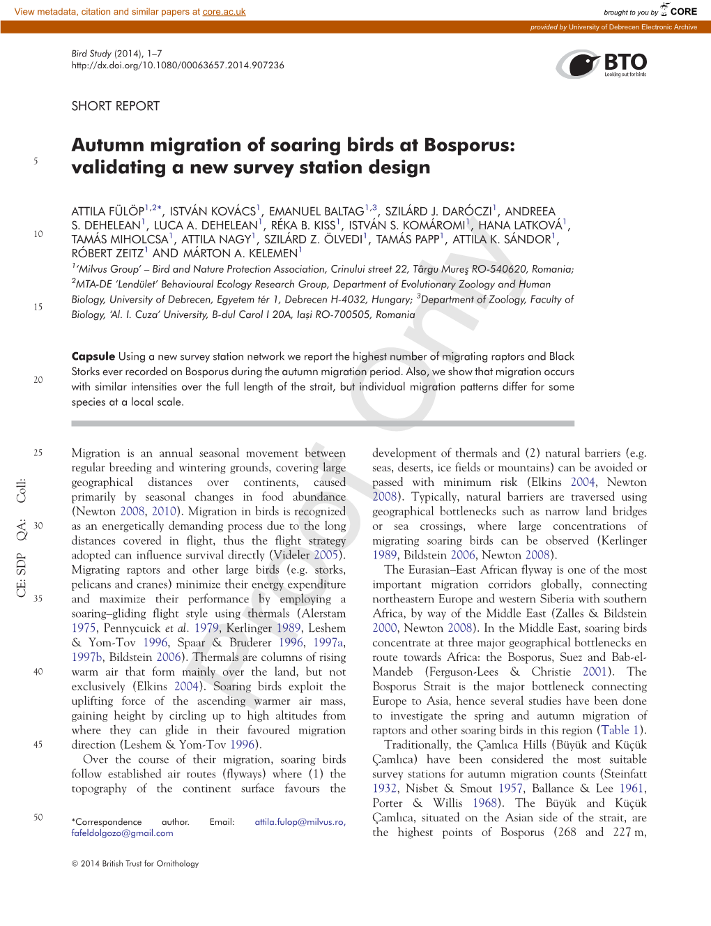 Autumn Migration of Soaring Birds at Bosporus: 5 Validating a New Survey Station Design