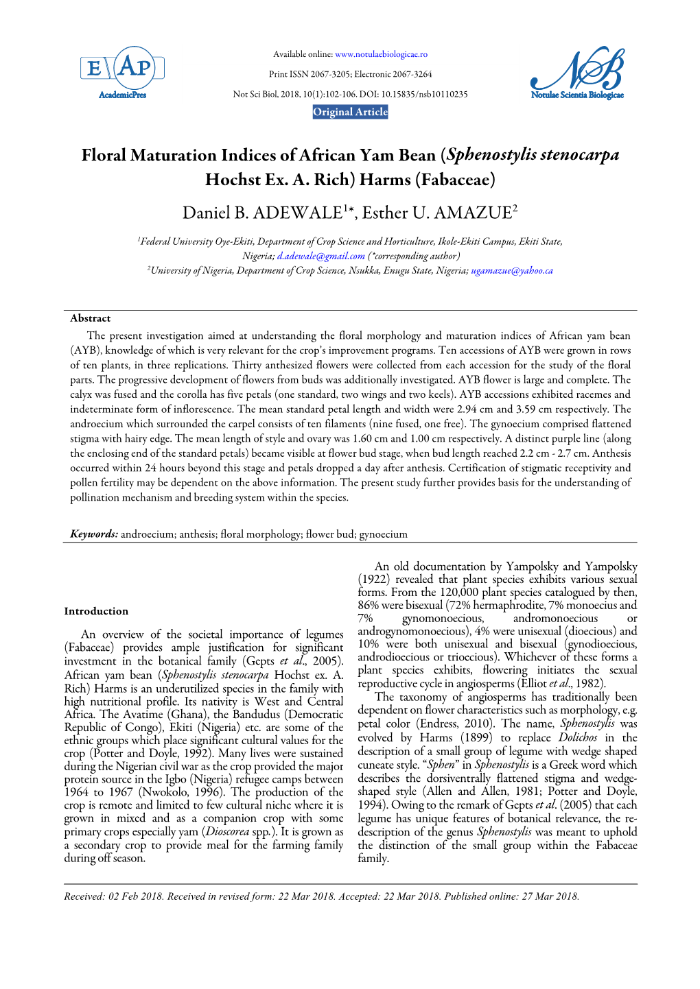 Floral Maturation Indices of African Yam Bean (Sphenostylis Stenocarpa Hochst Ex